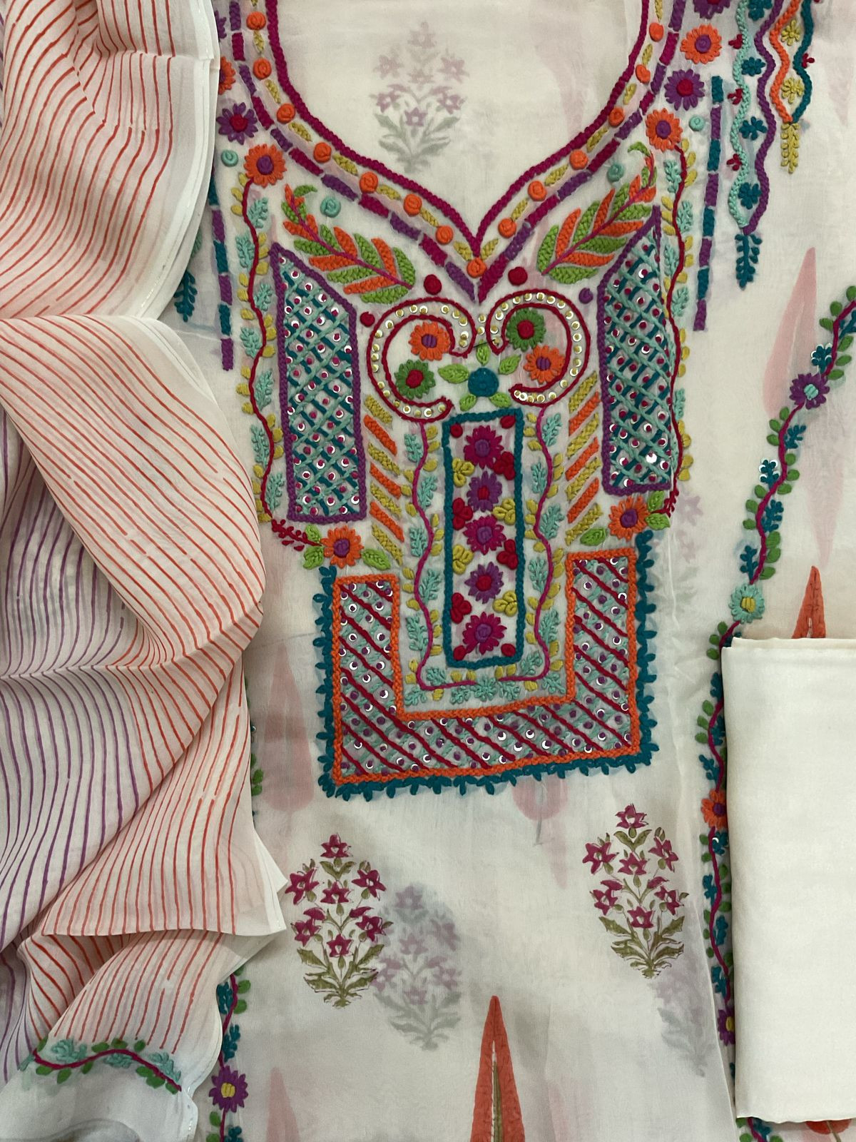 Pure Organza Block Printed Embroidered Suit - Cream