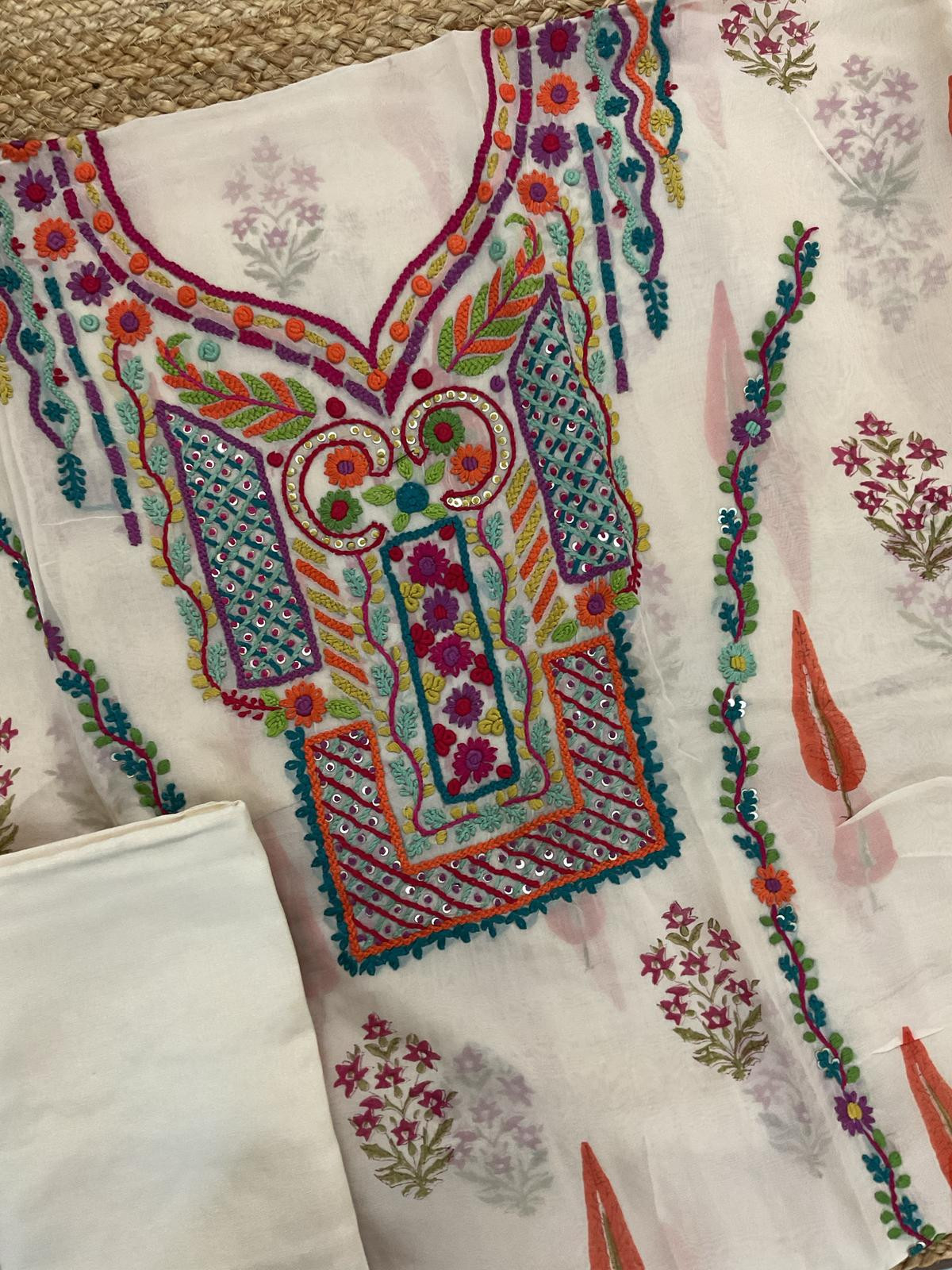 Pure Organza Block Printed Embroidered Suit - Cream