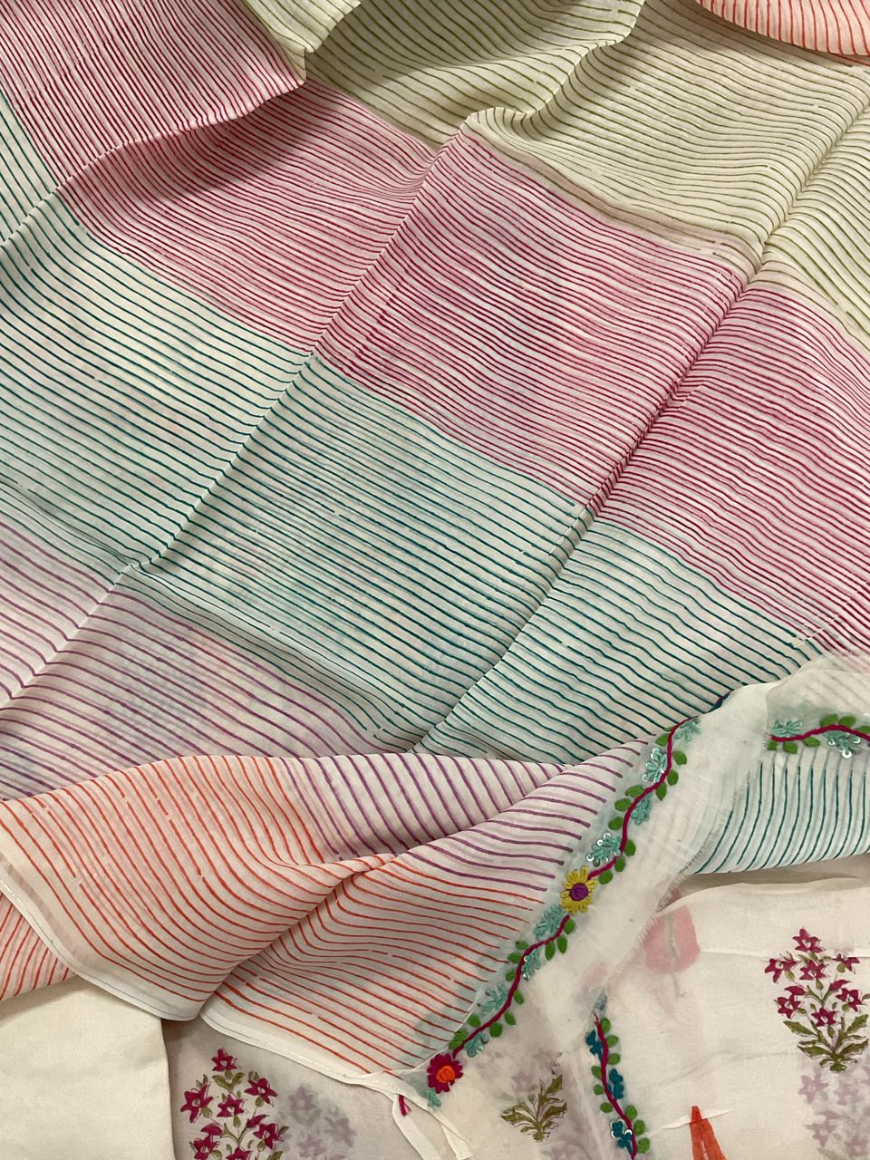 Pure Organza Block Printed Embroidered Suit - Cream