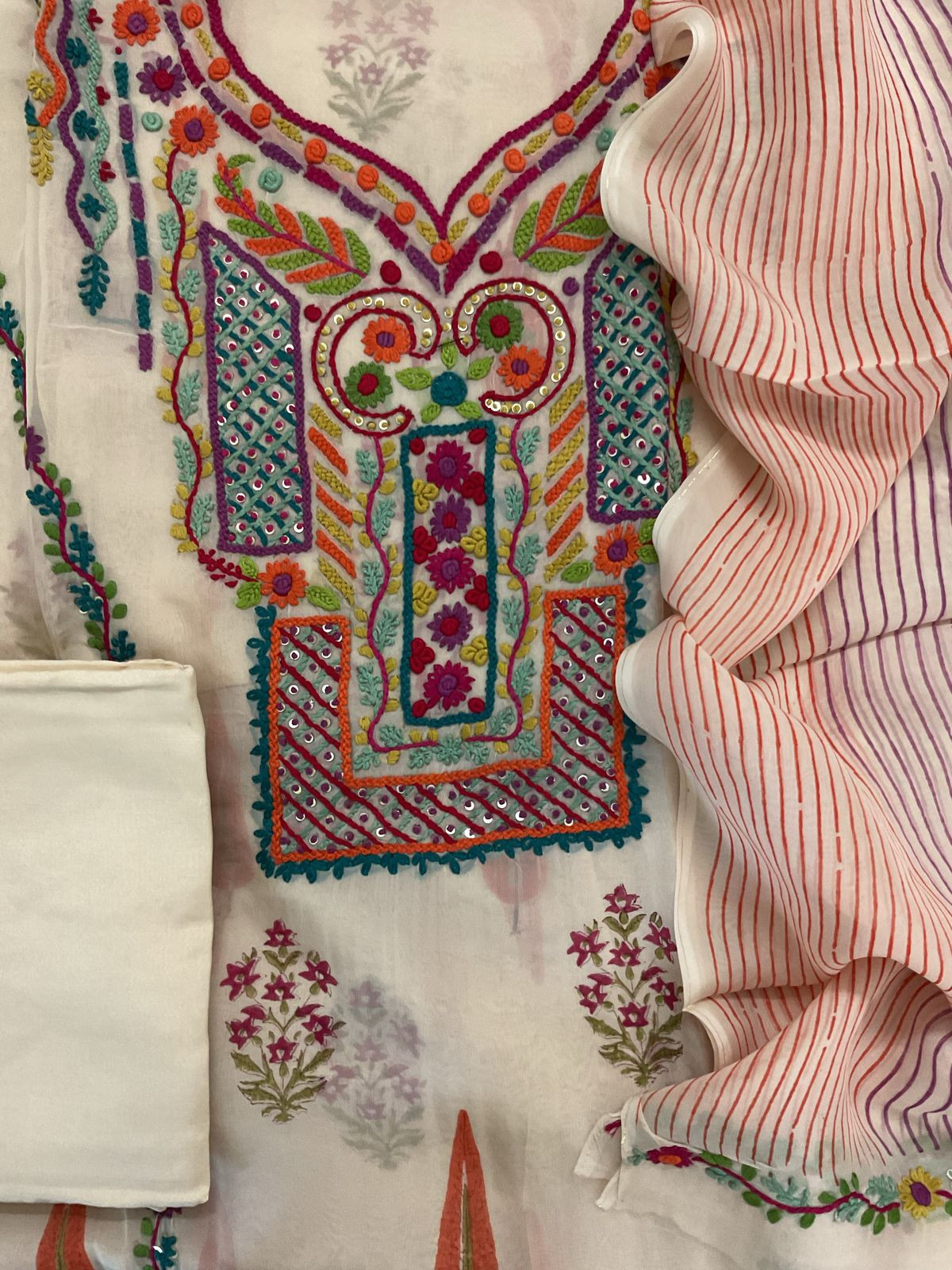 Pure Organza Block Printed Embroidered Suit - Cream