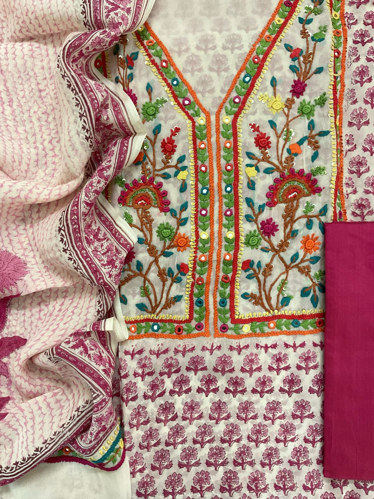 Pure Organza Block Printed Embroidered Suit - Cream