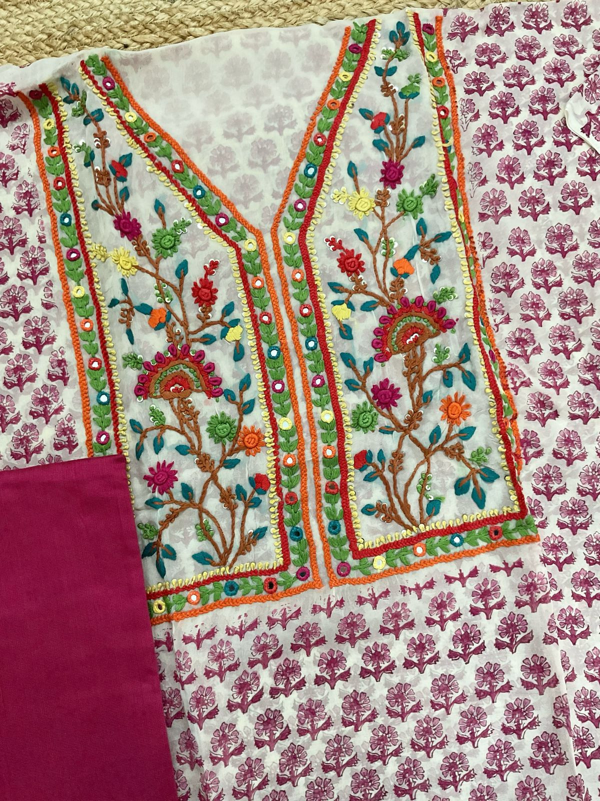 Pure Organza Block Printed Embroidered Suit - Cream