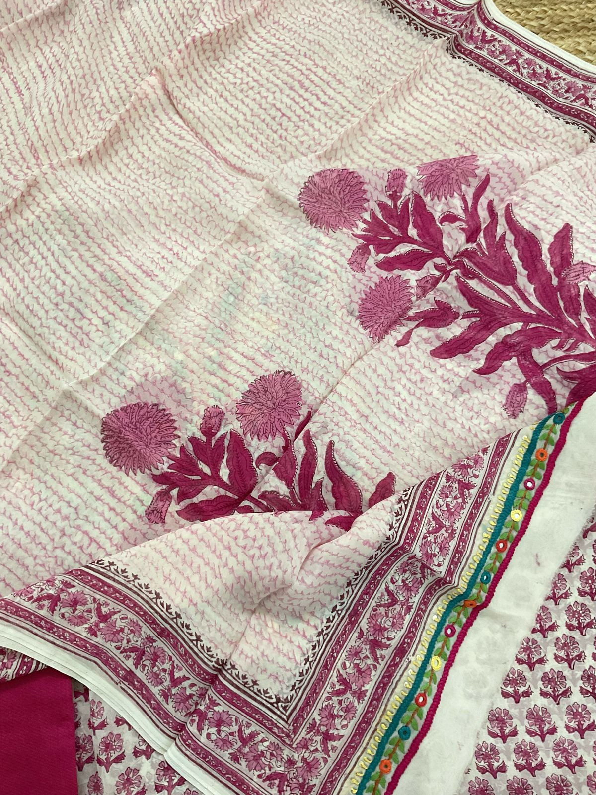 Pure Organza Block Printed Embroidered Suit - Cream