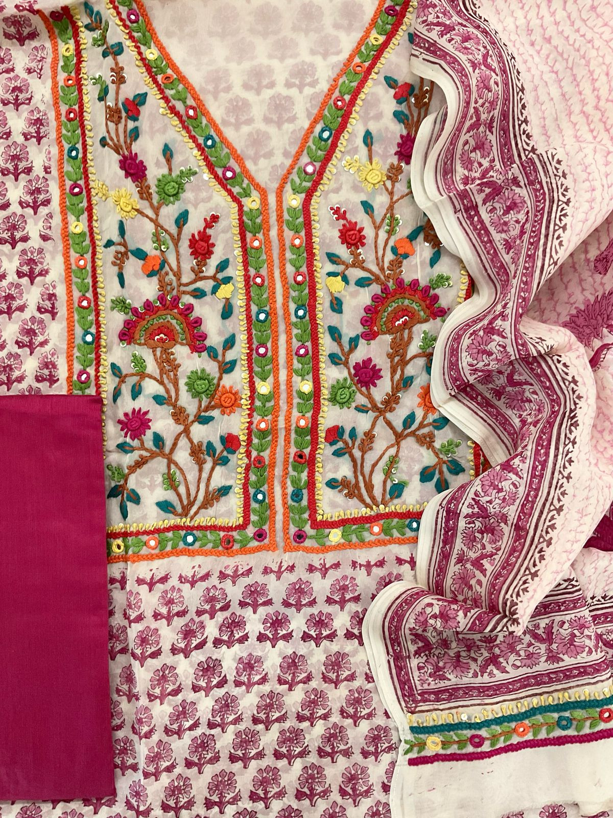 Pure Organza Block Printed Embroidered Suit - Cream