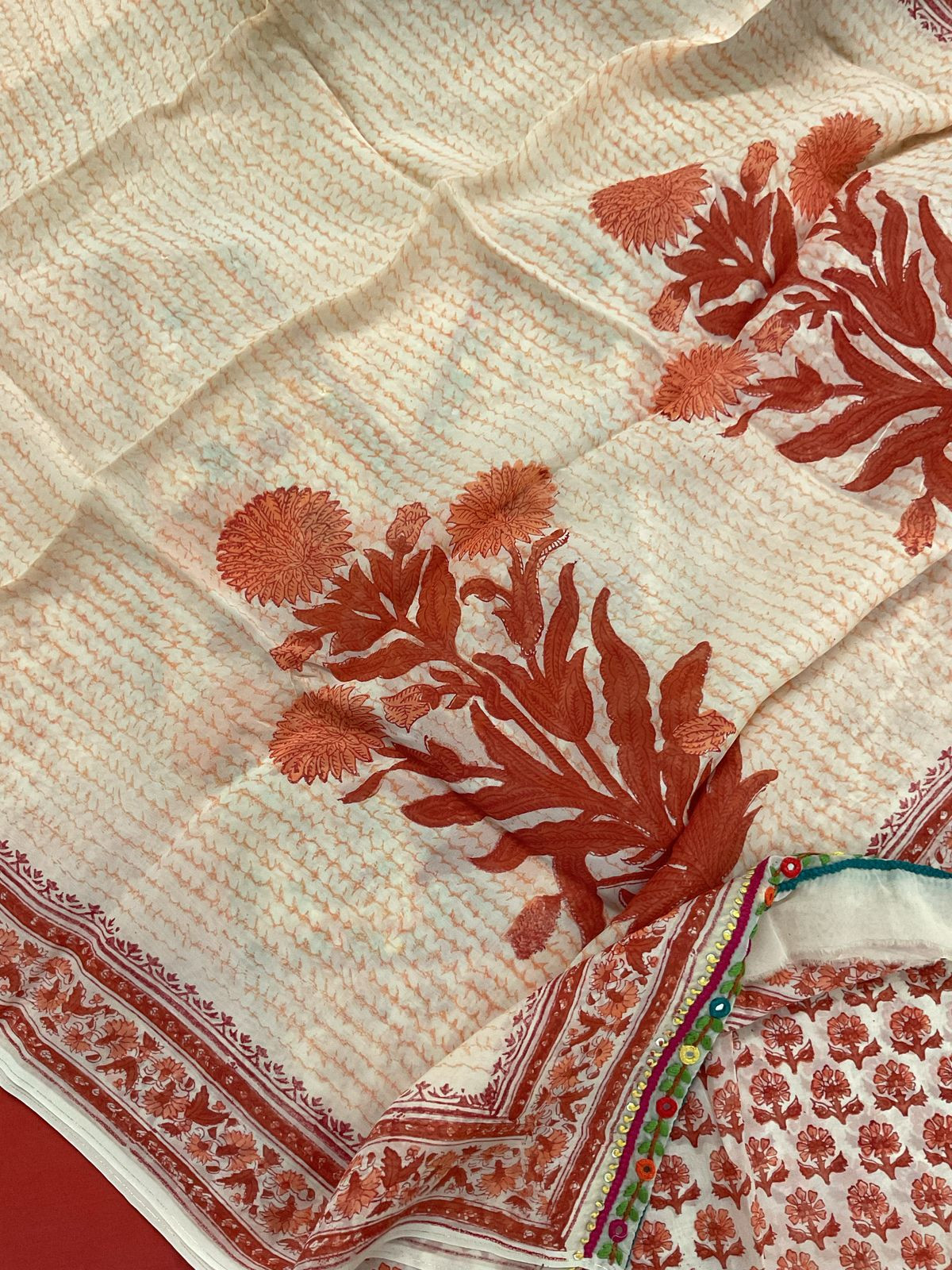 Pure Organza Block Printed Embroidered Suit - Cream