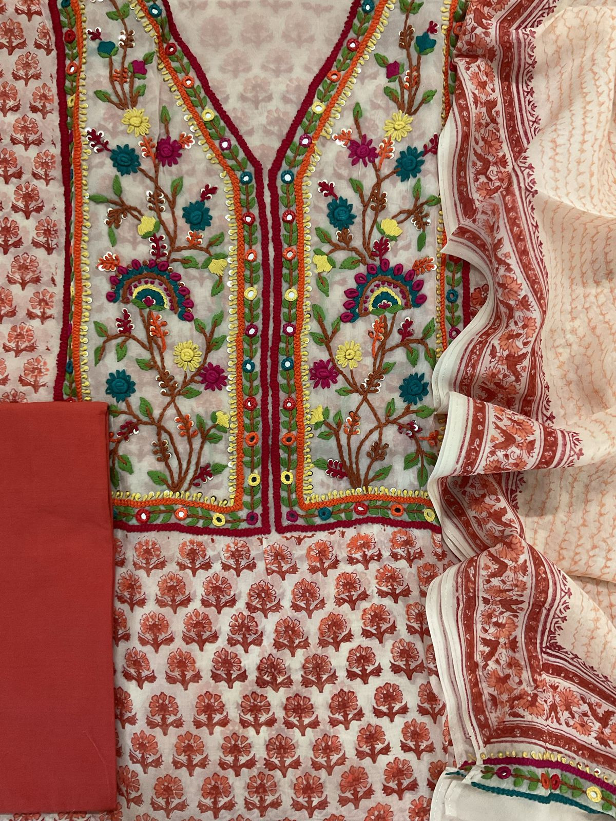 Pure Organza Block Printed Embroidered Suit - Cream