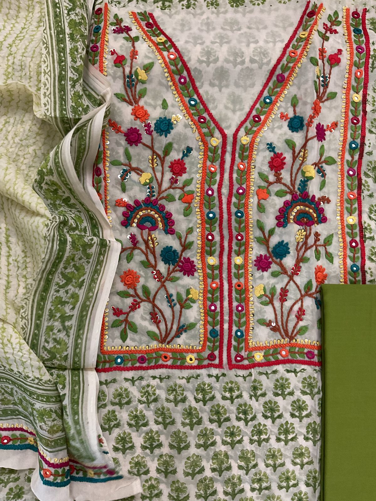 Pure Organza Block Printed Embroidered Suit - Cream