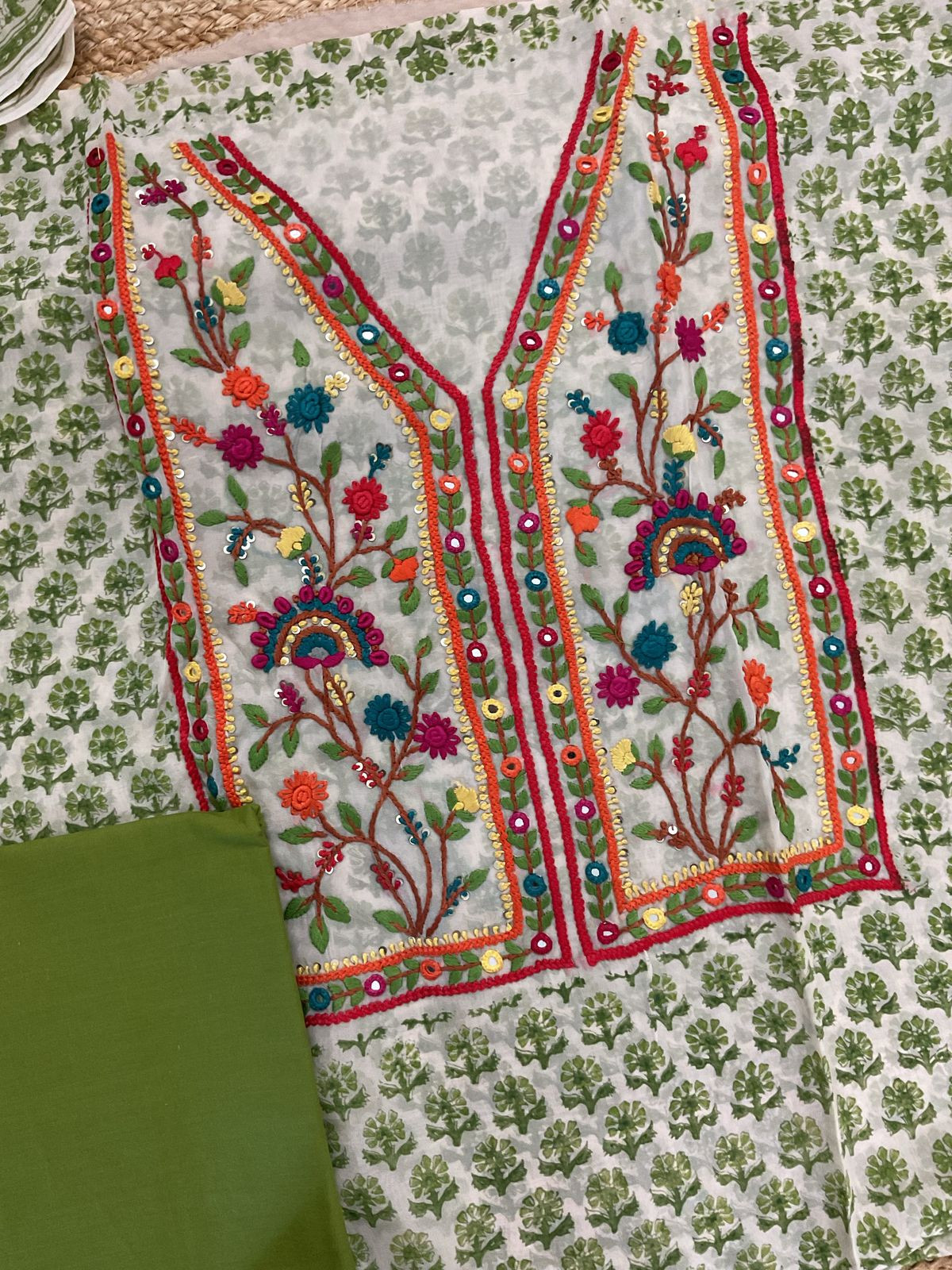 Pure Organza Block Printed Embroidered Suit - Cream