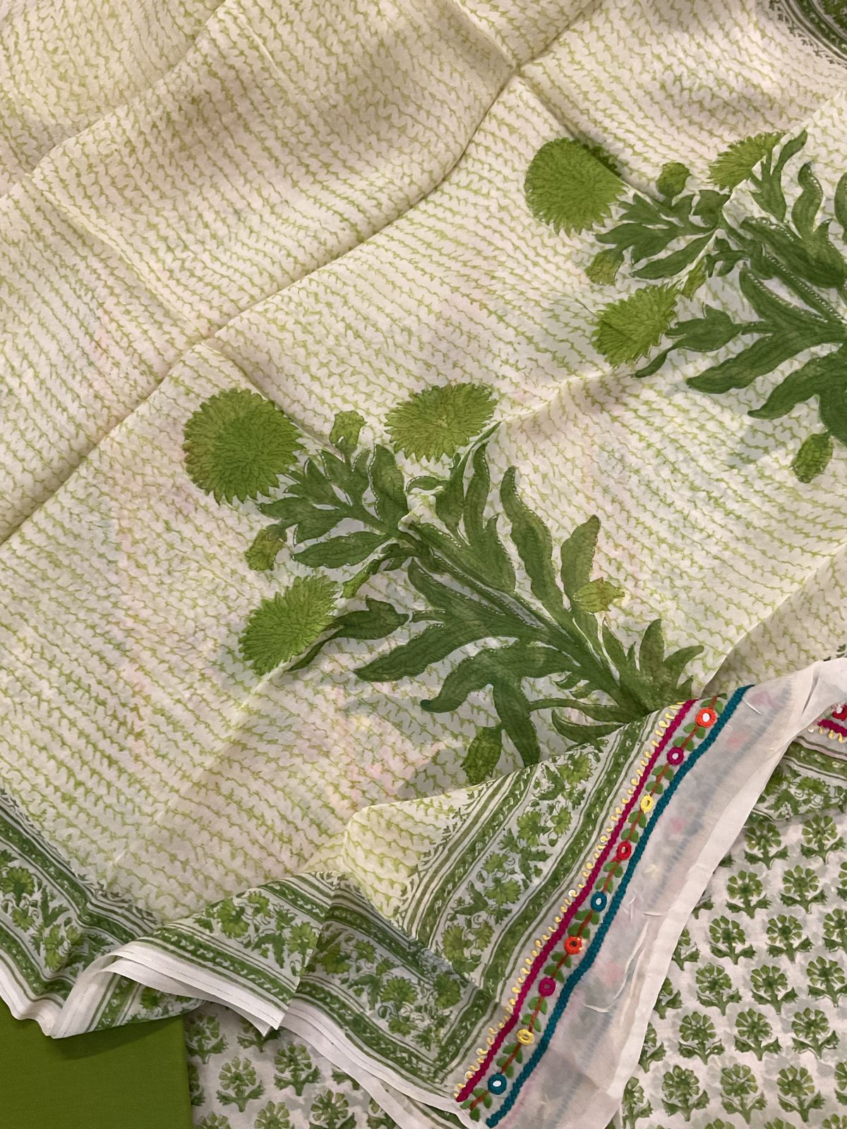 Pure Organza Block Printed Embroidered Suit - Cream