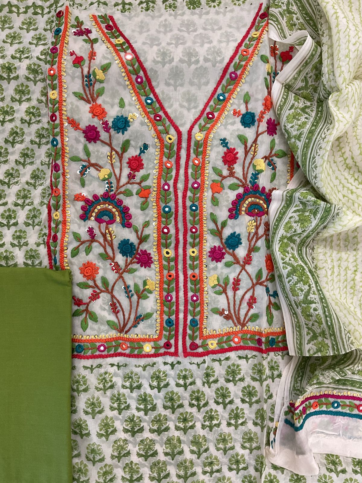 Pure Organza Block Printed Embroidered Suit - Cream