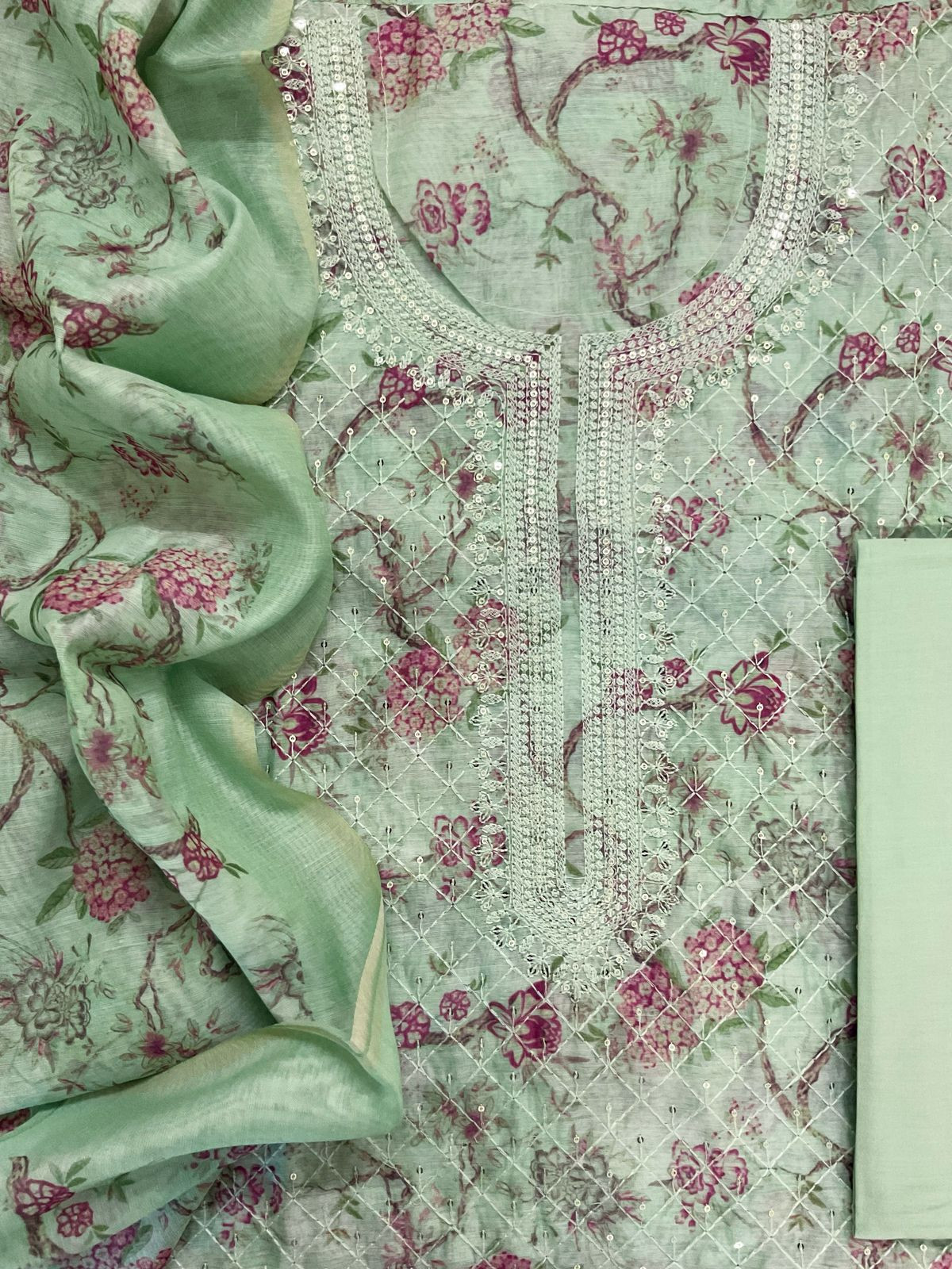 Soft Kora Chanderi Printed Embroidered Suit - Green