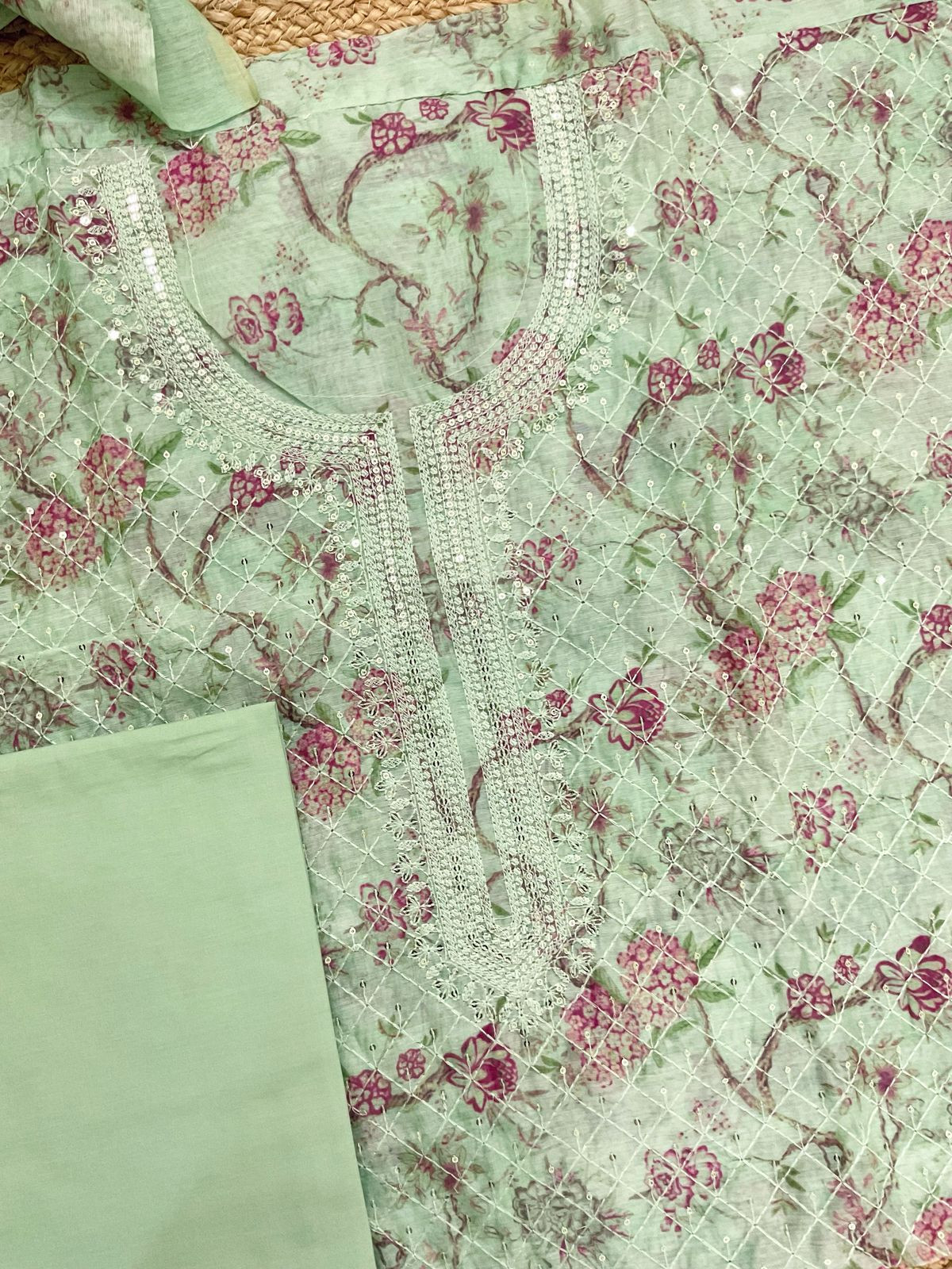 Soft Kora Chanderi Printed Embroidered Suit - Green