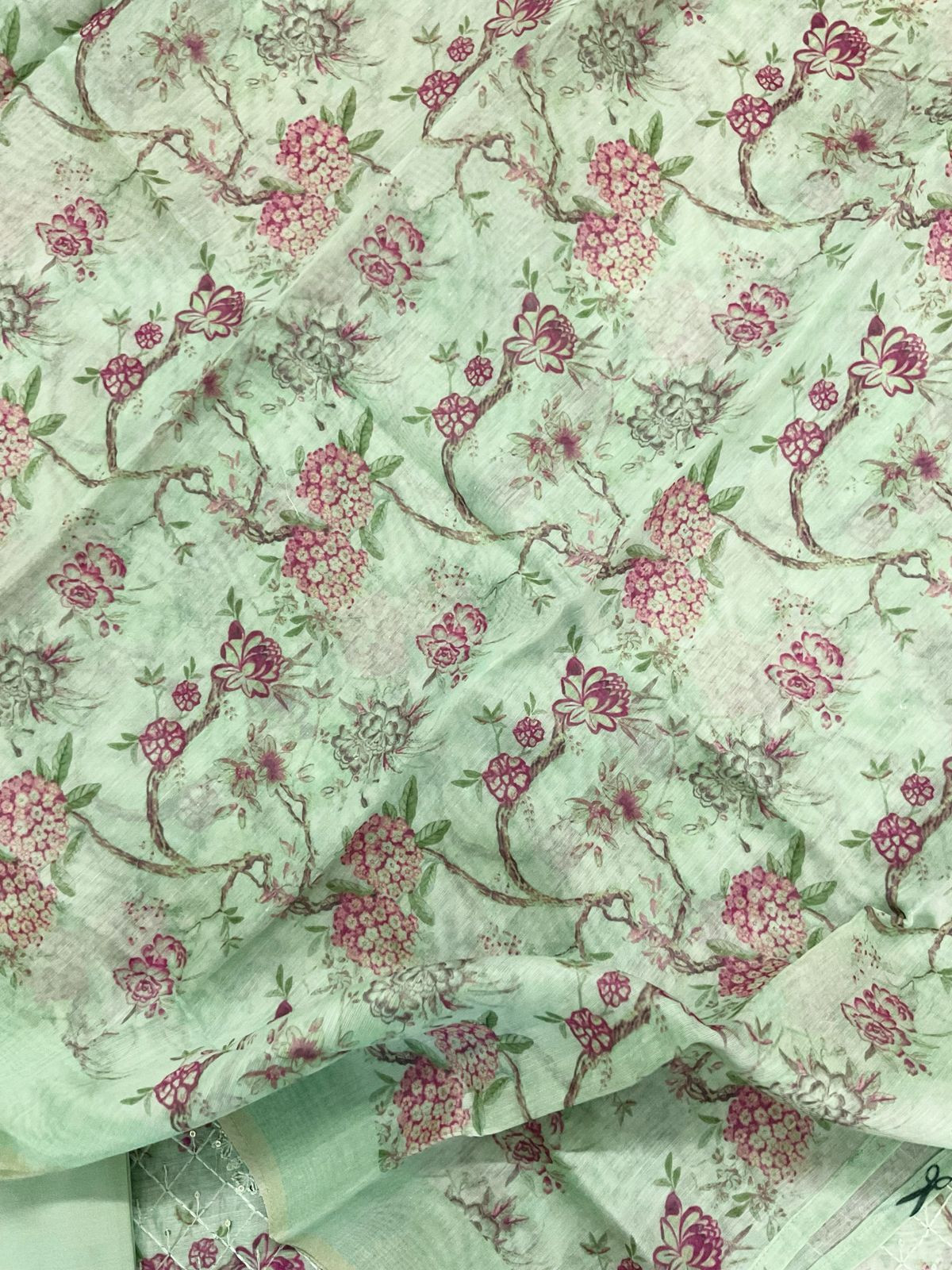 Soft Kora Chanderi Printed Embroidered Suit - Green