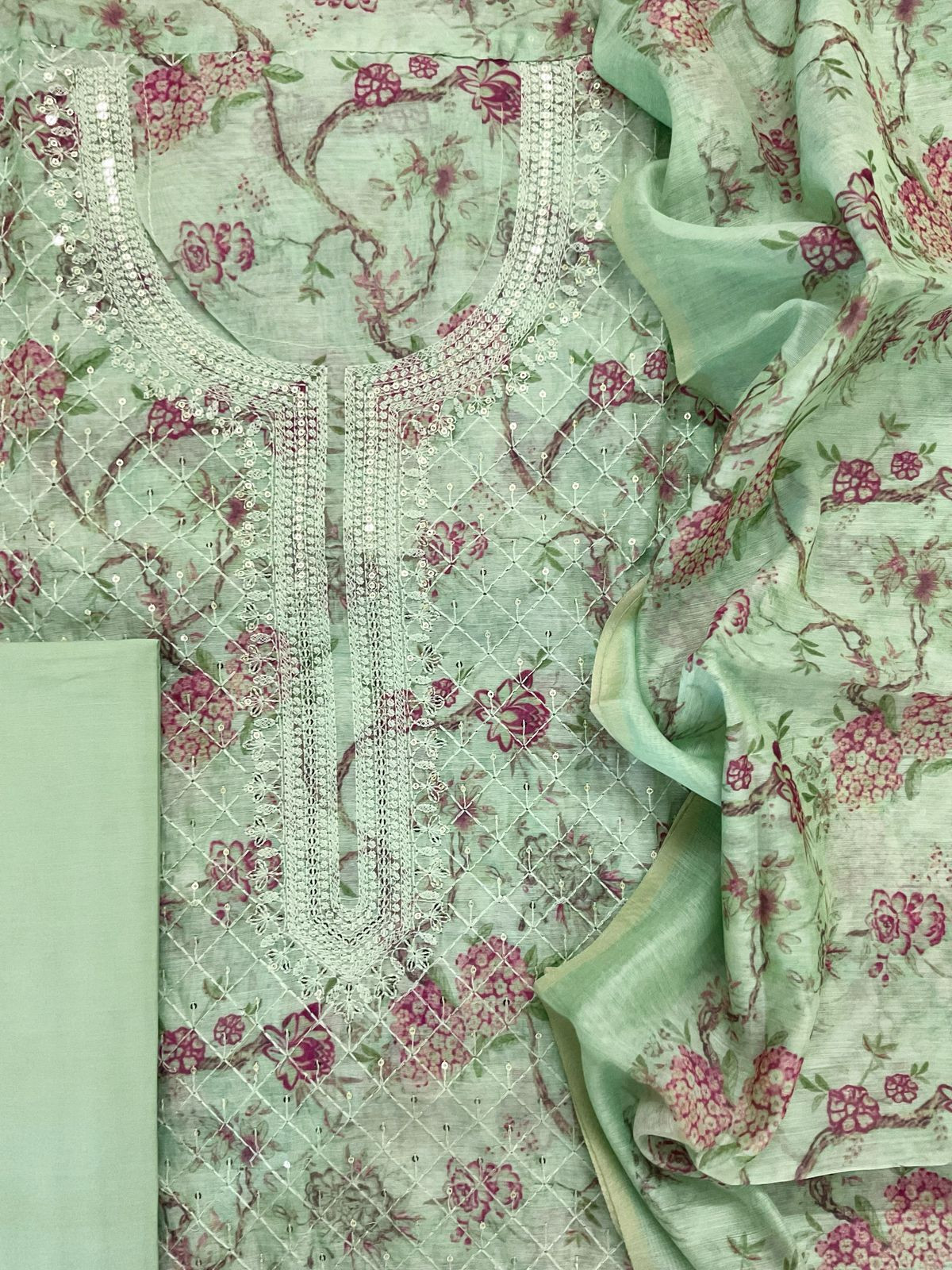 Soft Kora Chanderi Printed Embroidered Suit - Green