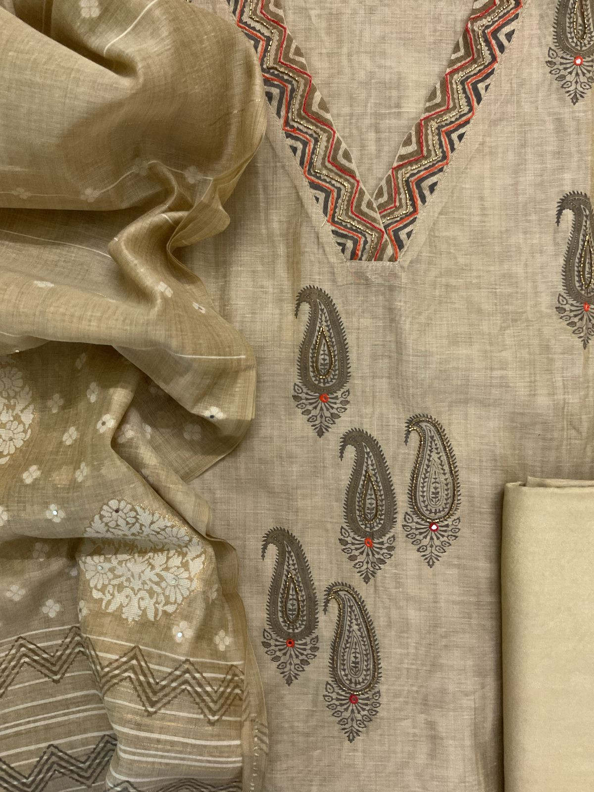 Soft Slub Chanderi Printed Embroidered Suit - Beige