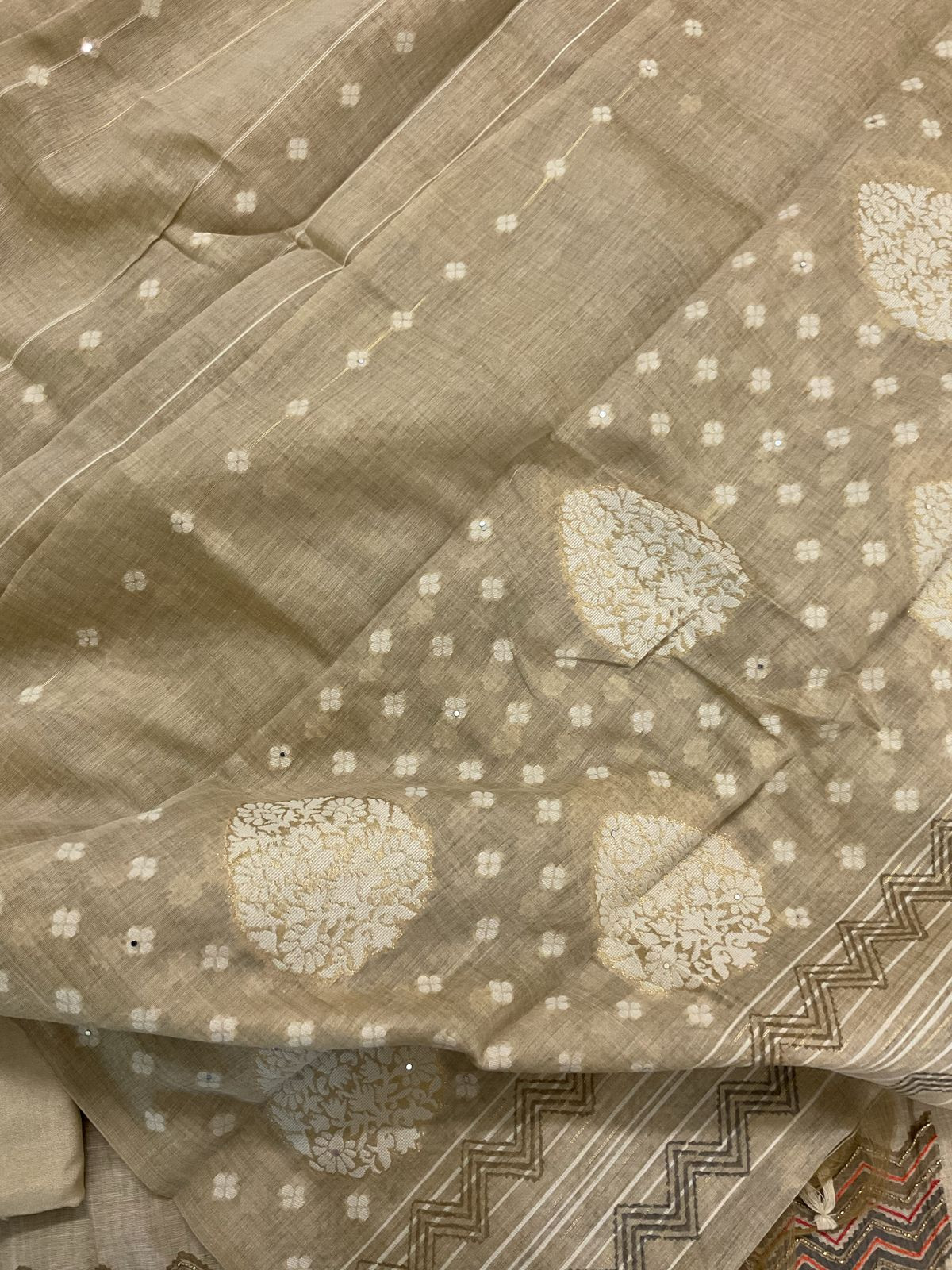 Soft Slub Chanderi Printed Embroidered Suit - Beige