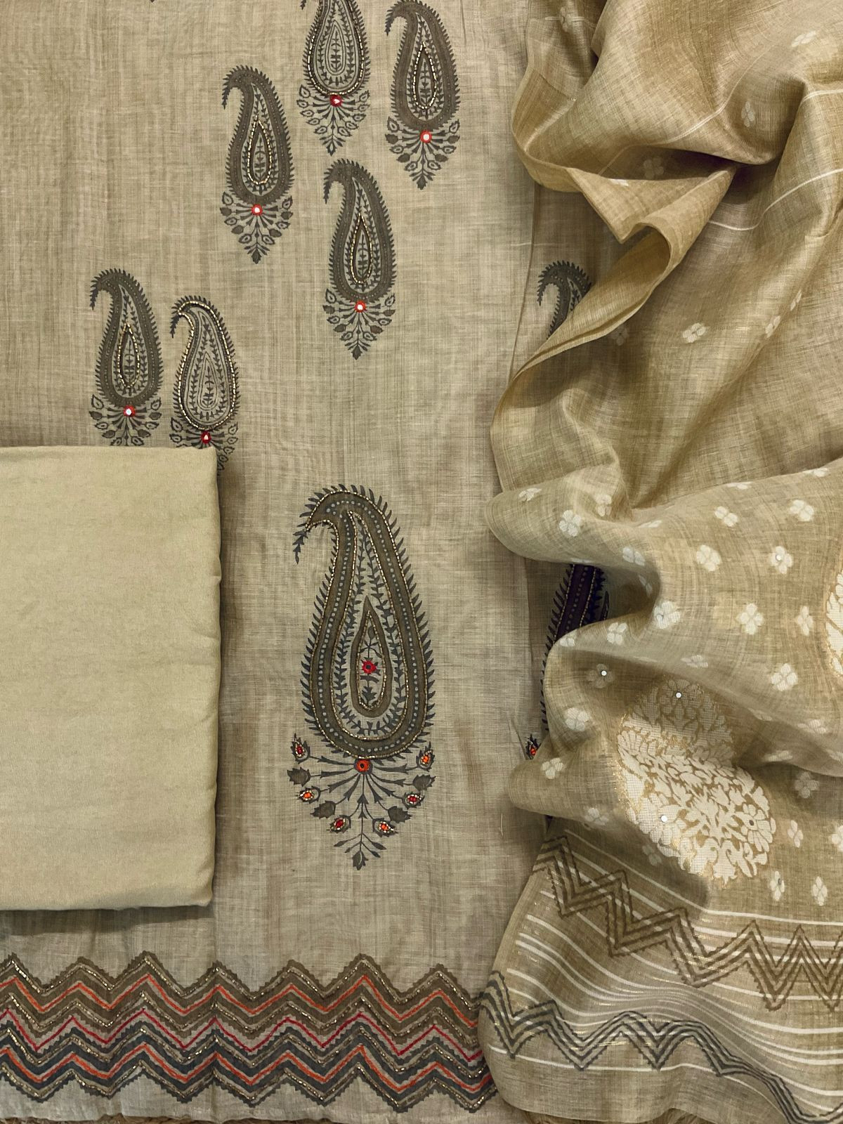 Soft Slub Chanderi Printed Embroidered Suit - Beige