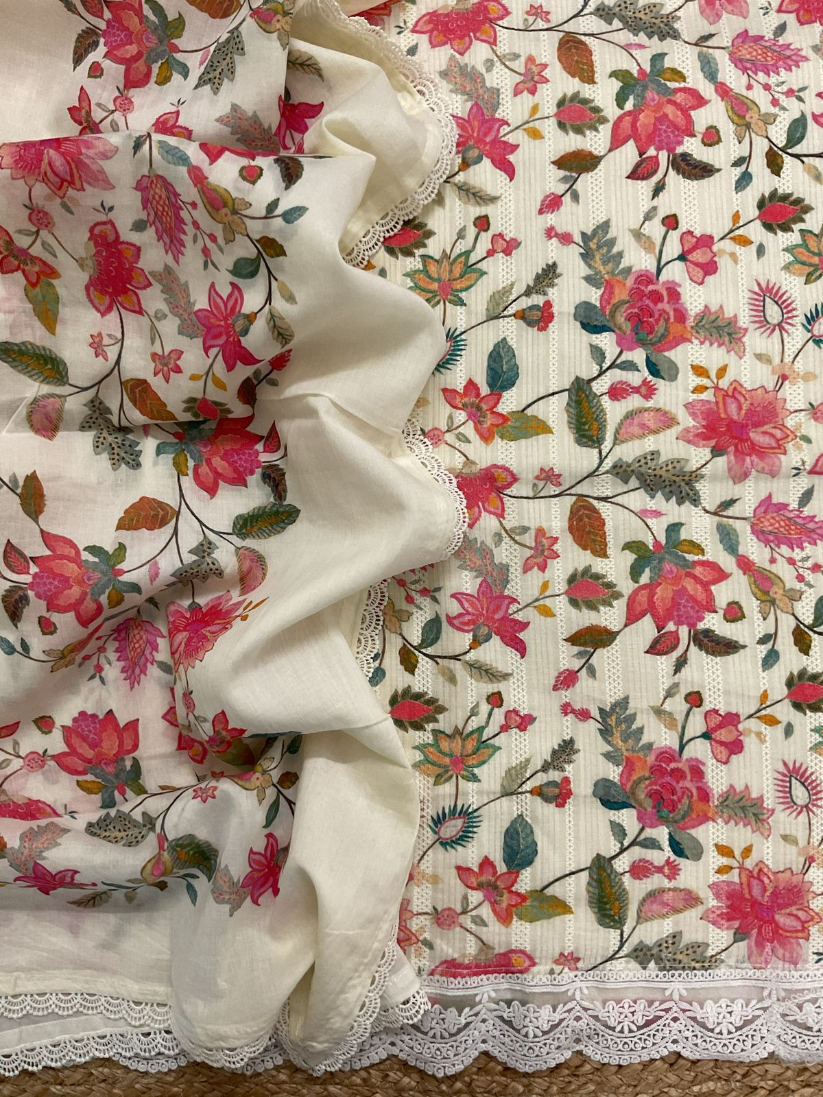 Pure Fine Mul Cotton Self Weaved Printer Suit - Cream