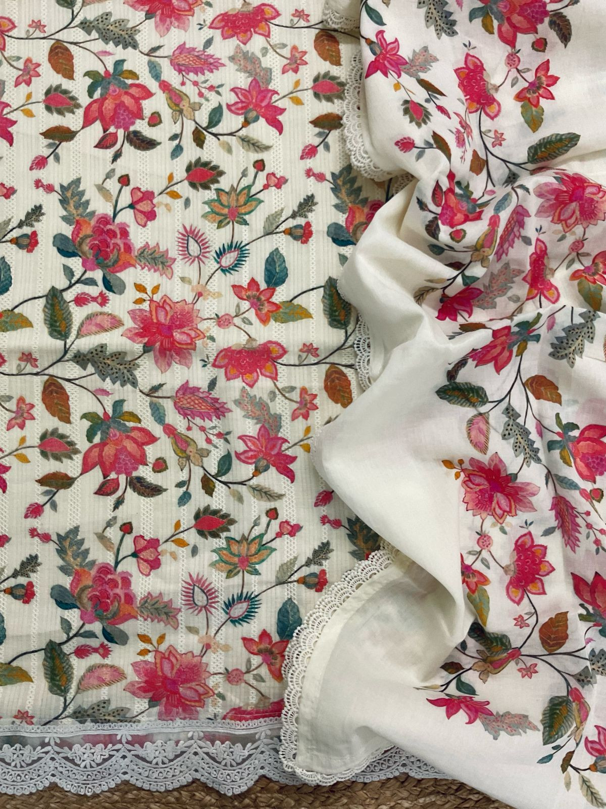 Pure Fine Mul Cotton Self Weaved Printer Suit - Cream