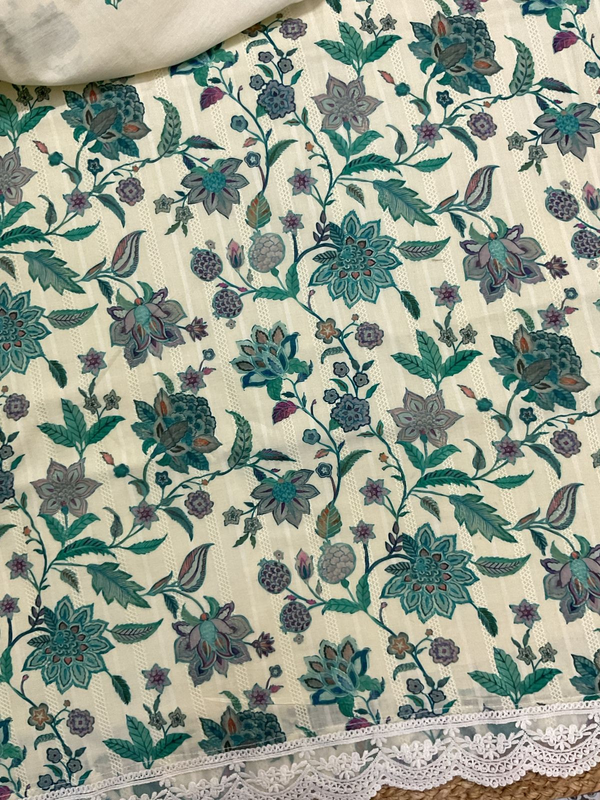 Pure Fine Mul Cotton Self Weaved Printer Suit - Cream