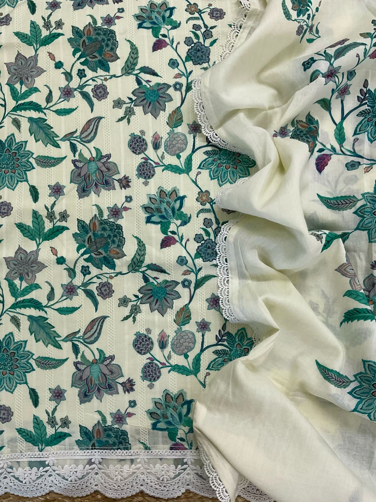 Pure Fine Mul Cotton Self Weaved Printer Suit - Cream