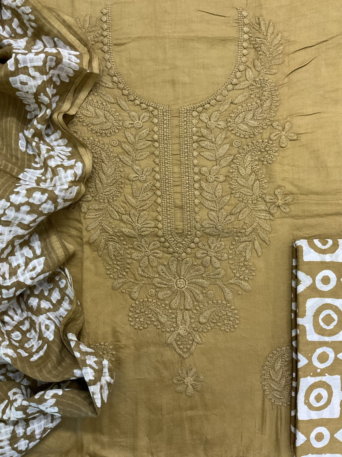 Pure Jaam Cotton Printed Embroidered Suit - Yellowish Brown