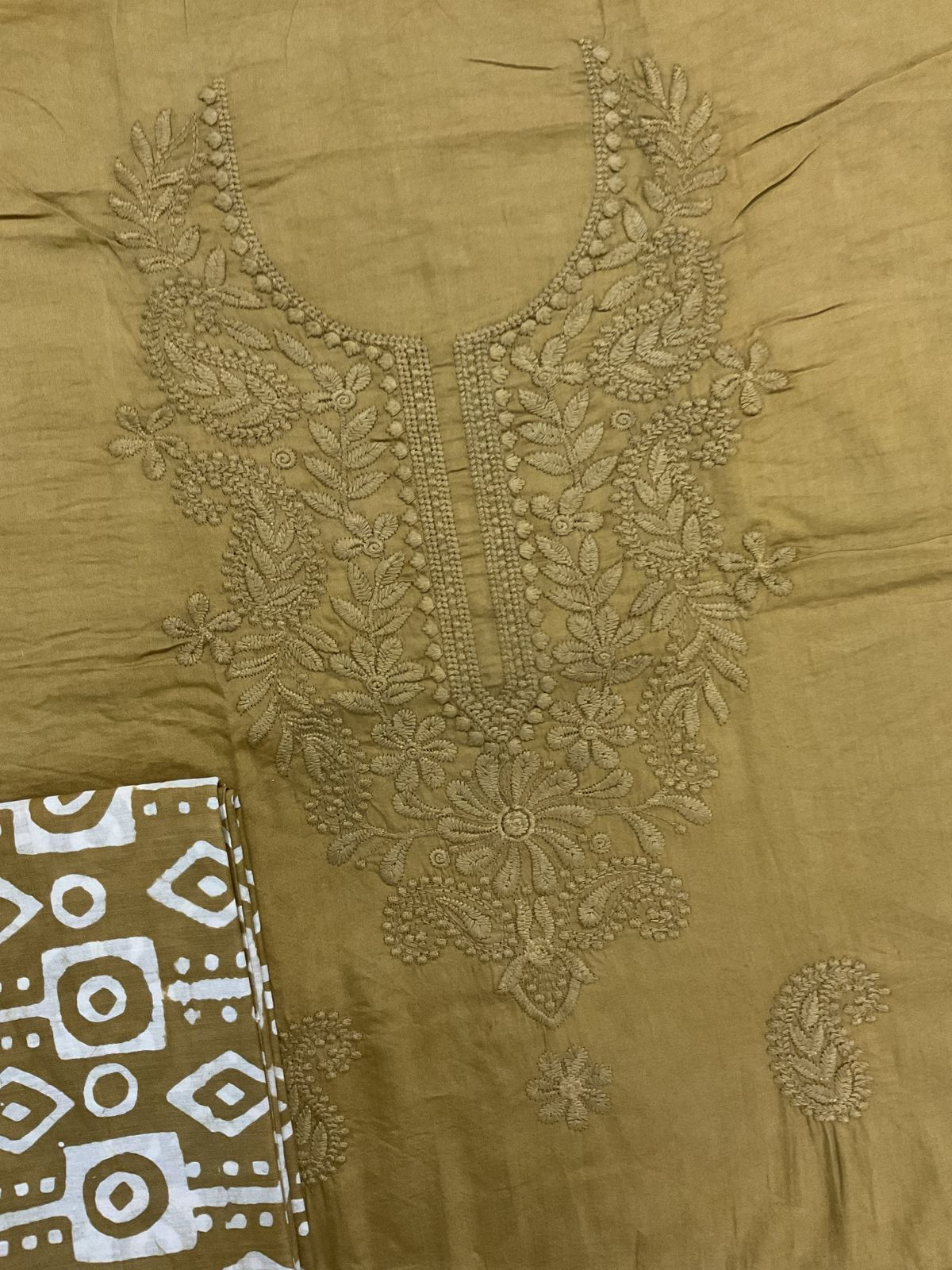 Pure Jaam Cotton Printed Embroidered Suit - Yellowish Brown