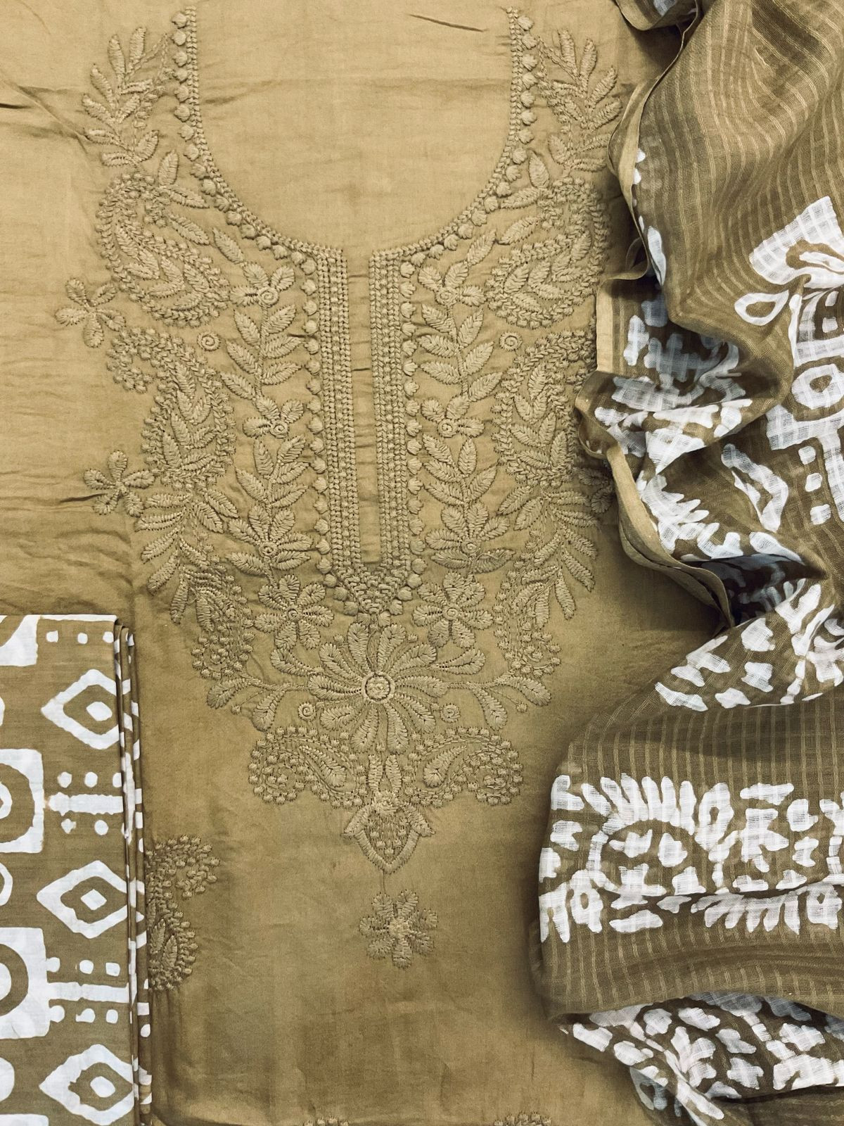 Pure Jaam Cotton Printed Embroidered Suit - Yellowish Brown