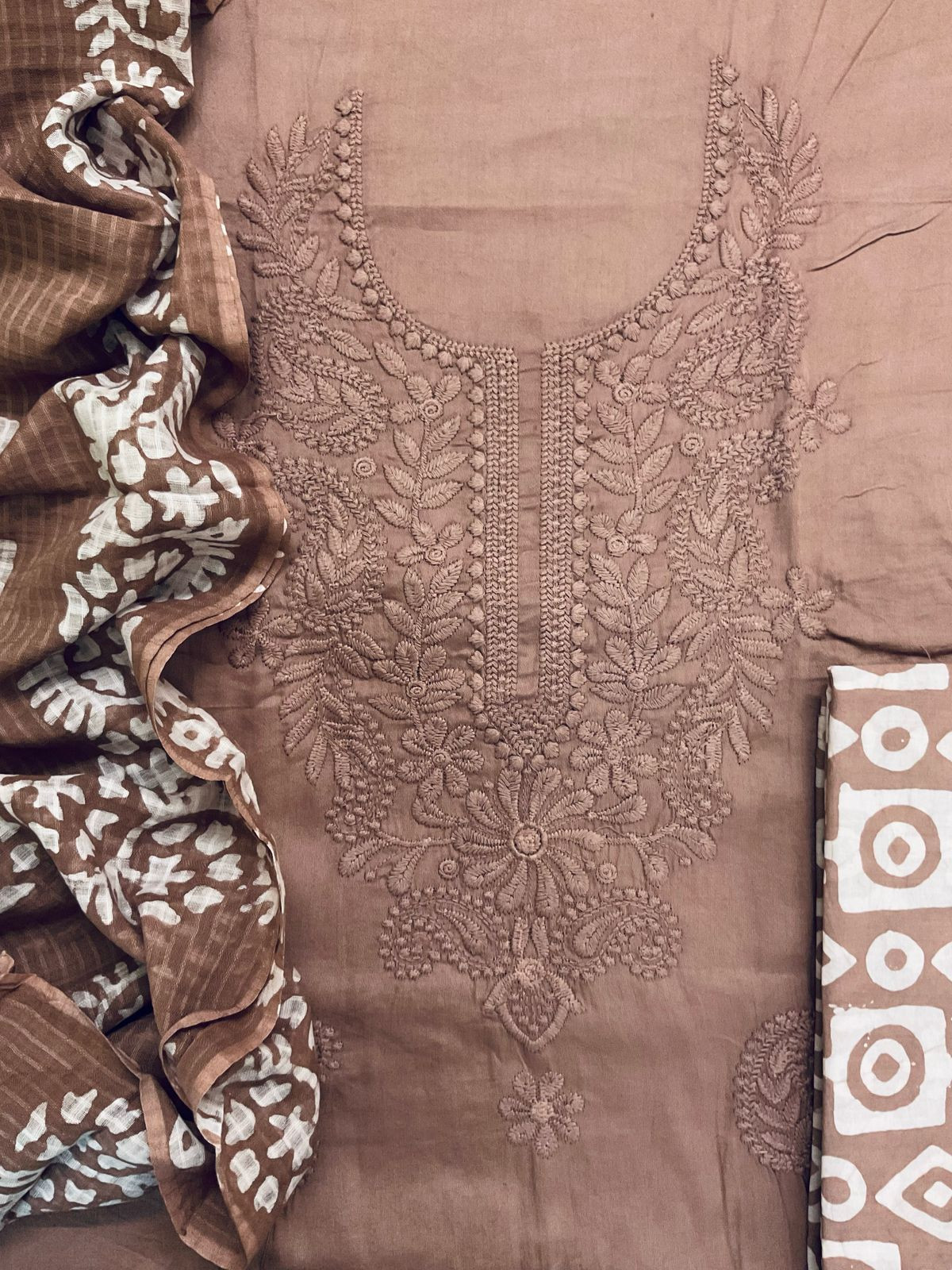 Pure Jaam Cotton Printed Embroidered Suit - Beigish Brown