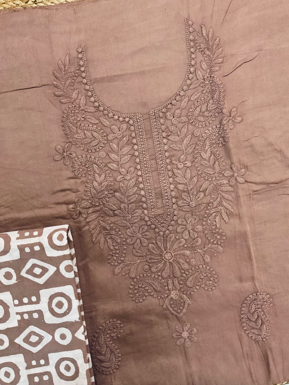 Pure Jaam Cotton Printed Embroidered Suit - Beigish Brown