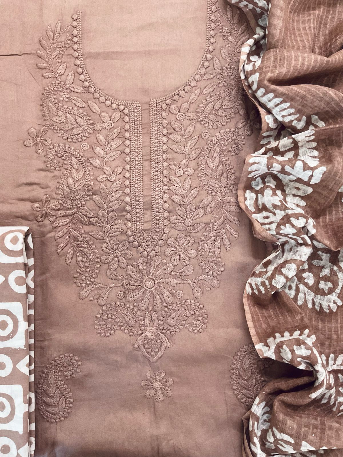 Pure Jaam Cotton Printed Embroidered Suit - Beigish Brown