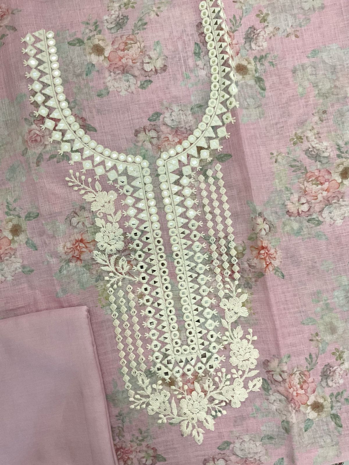 Soft Linen Jute Cotton Printed Embroidered Suit - Lilac Pink