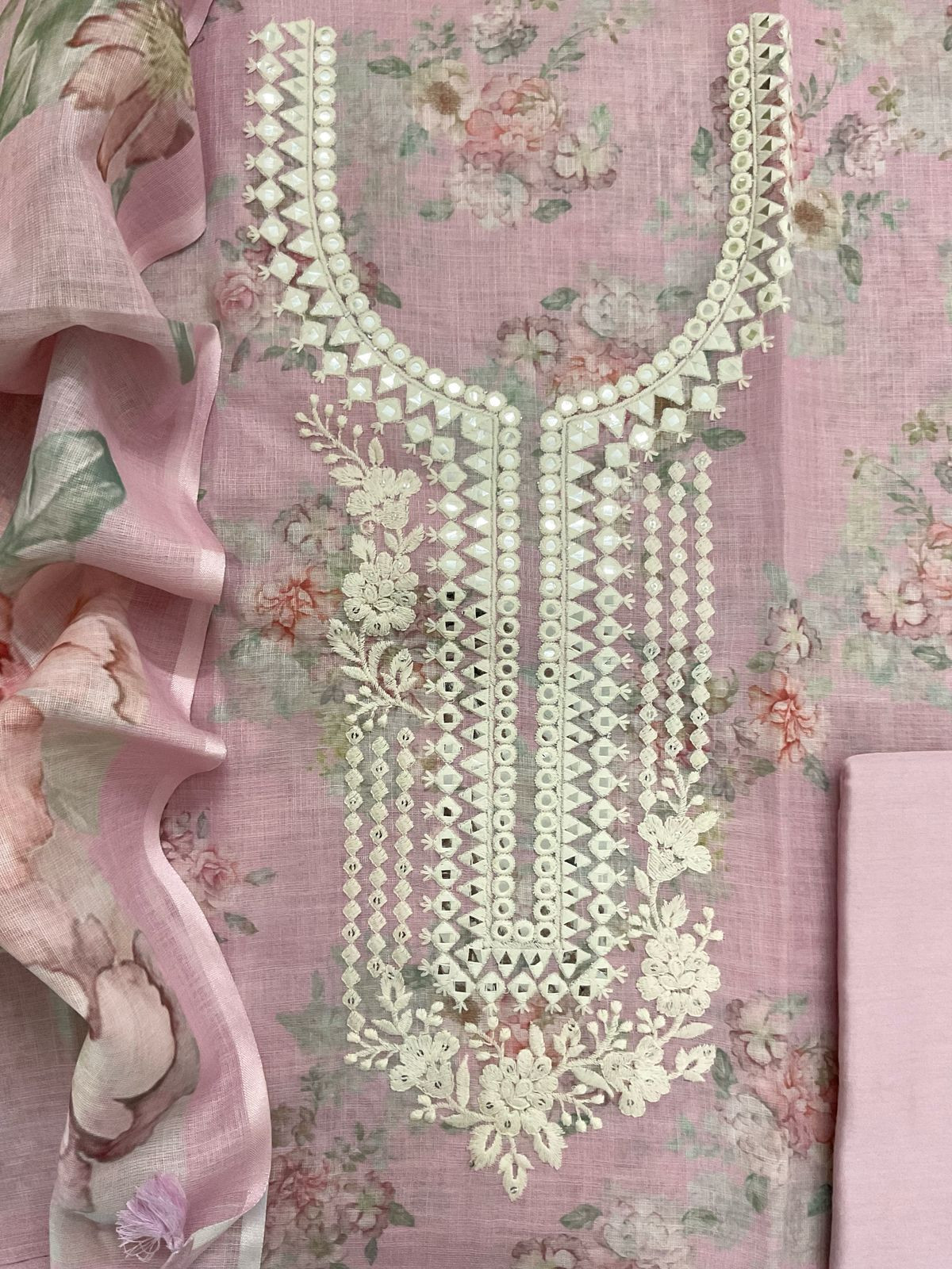 Soft Linen Jute Cotton Printed Embroidered Suit - Lilac Pink