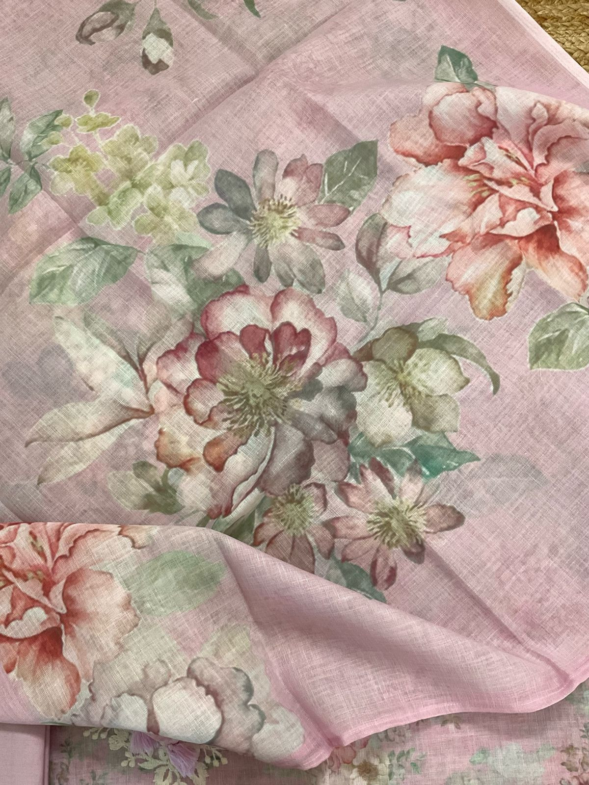 Soft Linen Jute Cotton Printed Embroidered Suit - Lilac Pink