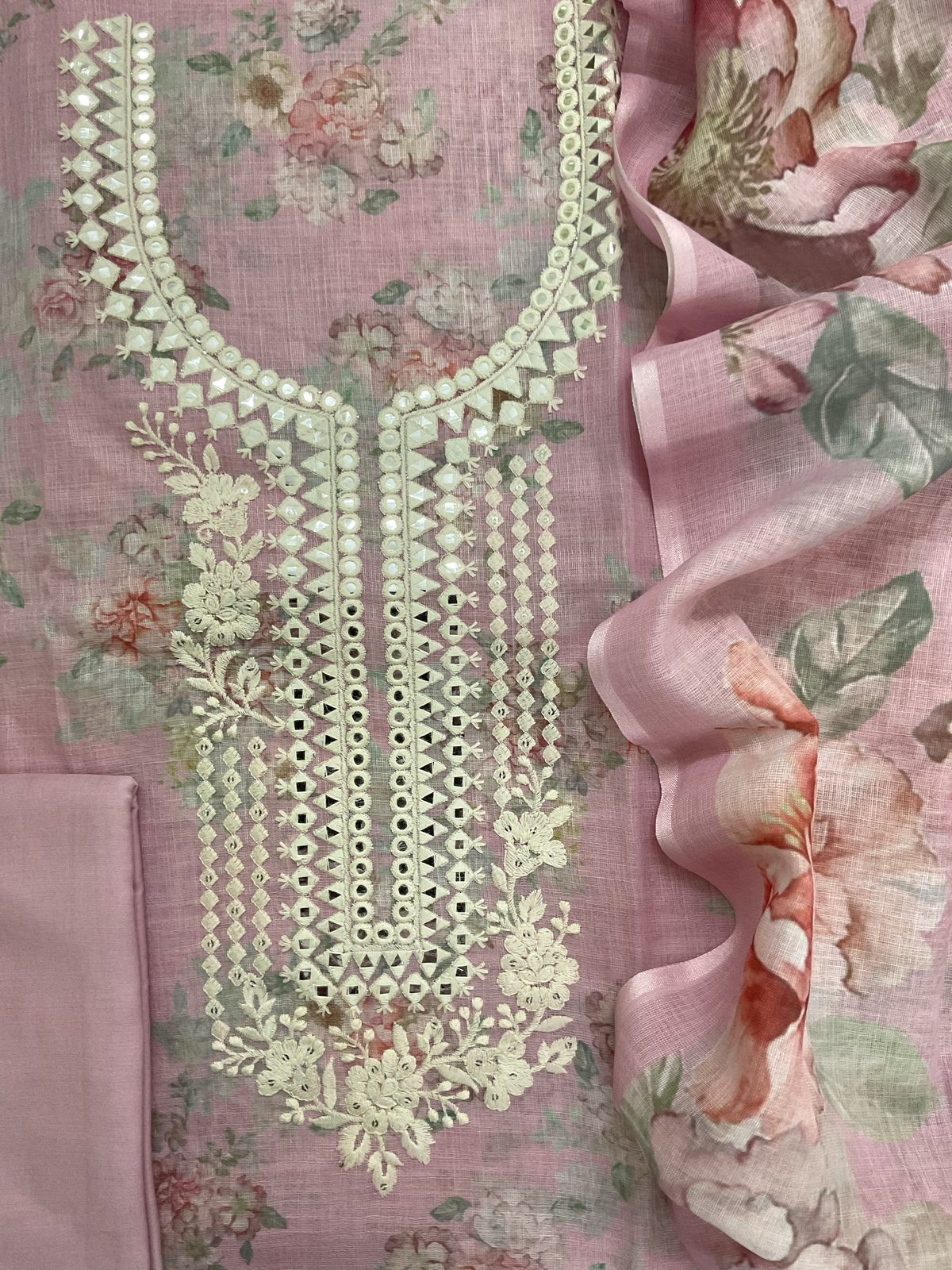 Soft Linen Jute Cotton Printed Embroidered Suit - Lilac Pink