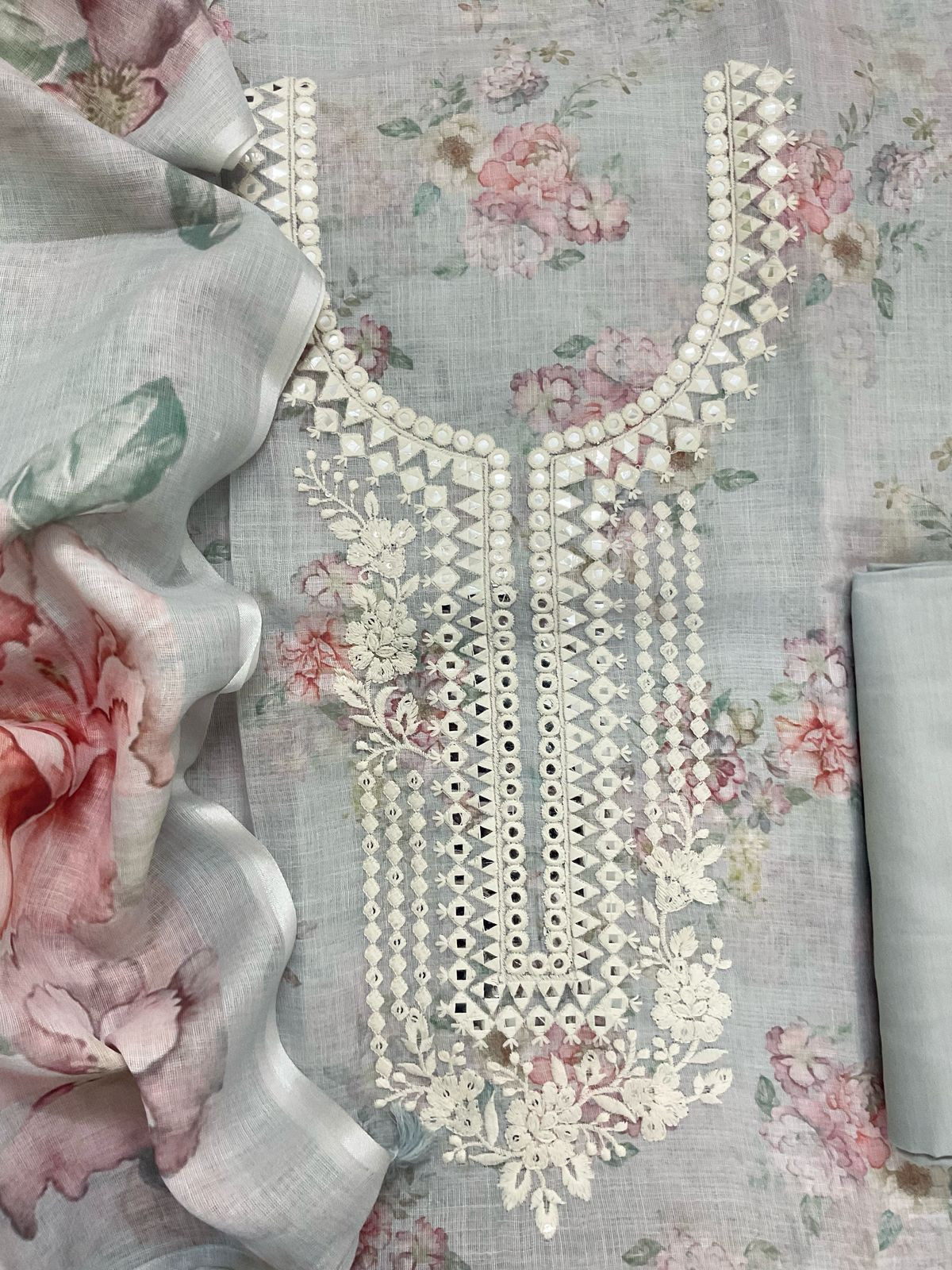 Soft Linen Jute Cotton Printed Embroidered Suit - Grey