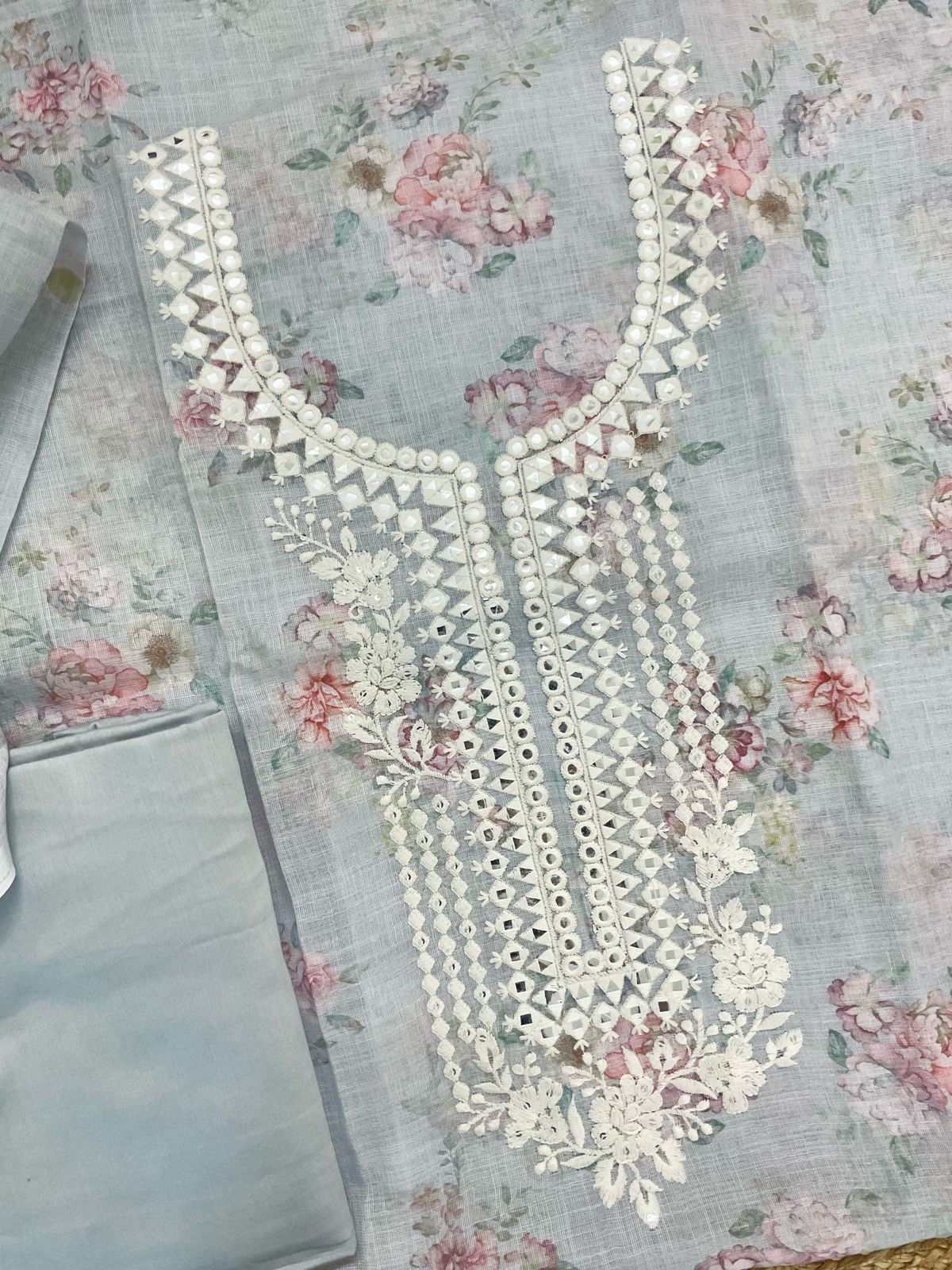 Soft Linen Jute Cotton Printed Embroidered Suit - Grey