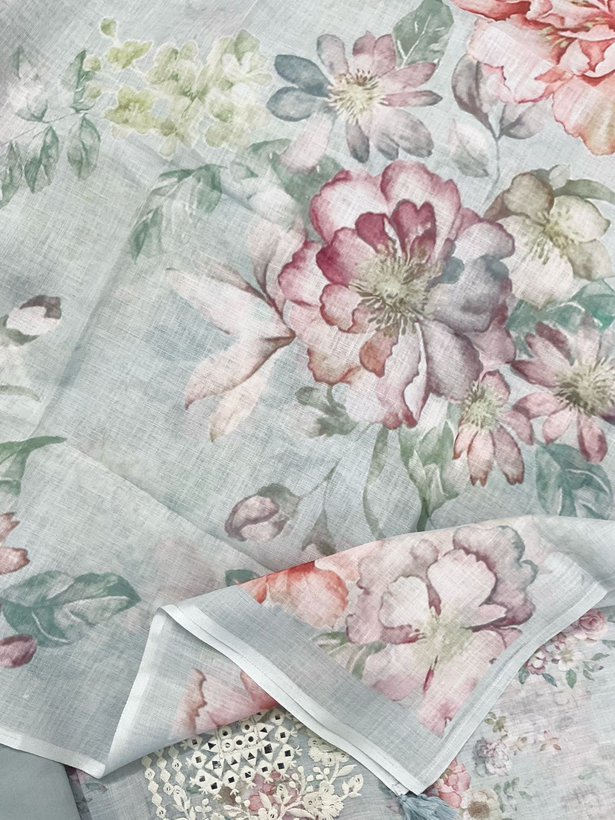 Soft Linen Jute Cotton Printed Embroidered Suit - Grey