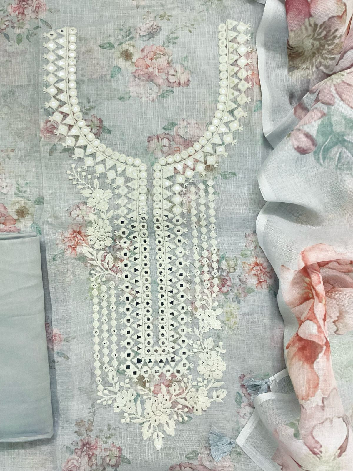 Soft Linen Jute Cotton Printed Embroidered Suit - Grey