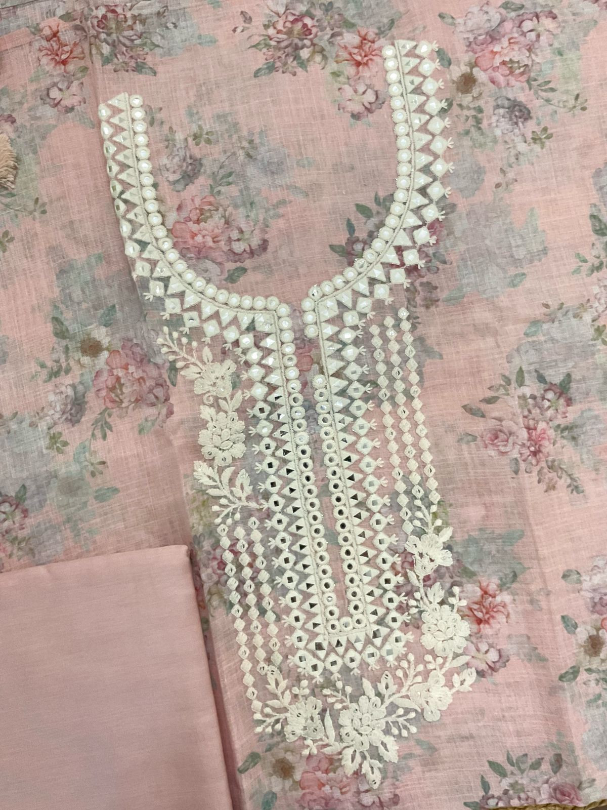 Soft Linen Jute Cotton Printed Embroidered Suit - Peach