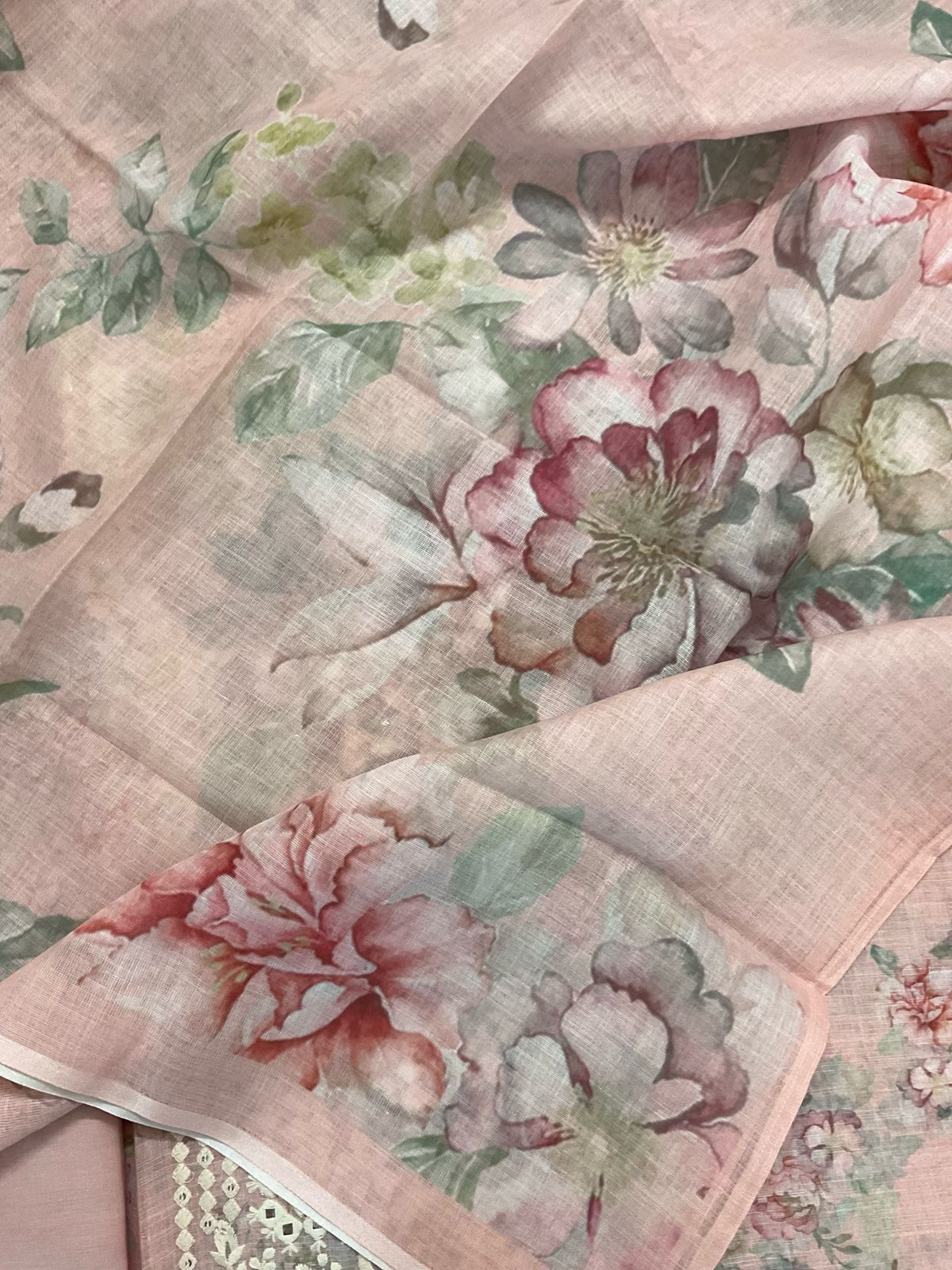 Soft Linen Jute Cotton Printed Embroidered Suit - Peach