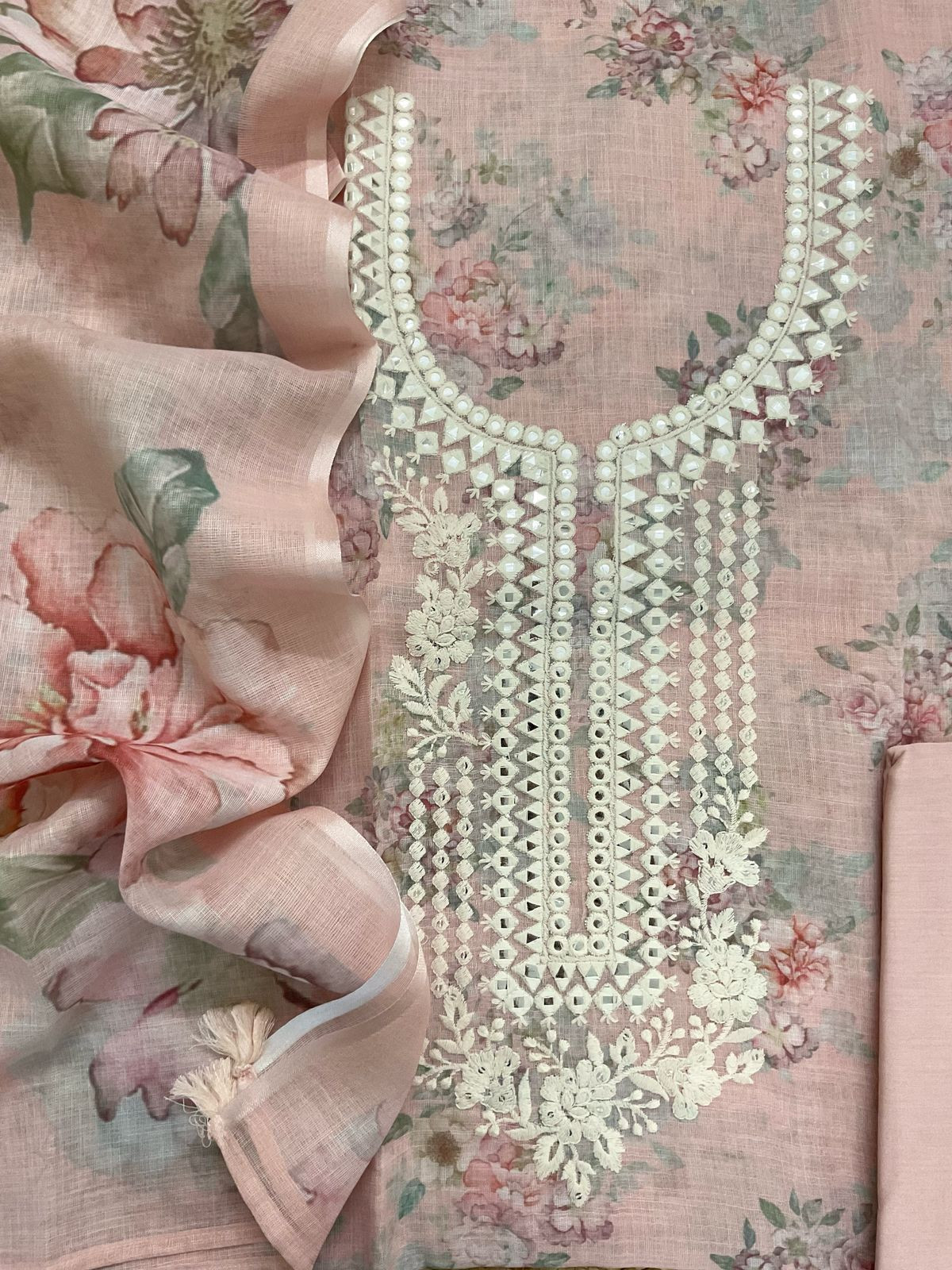 Soft Linen Jute Cotton Printed Embroidered Suit - Peach