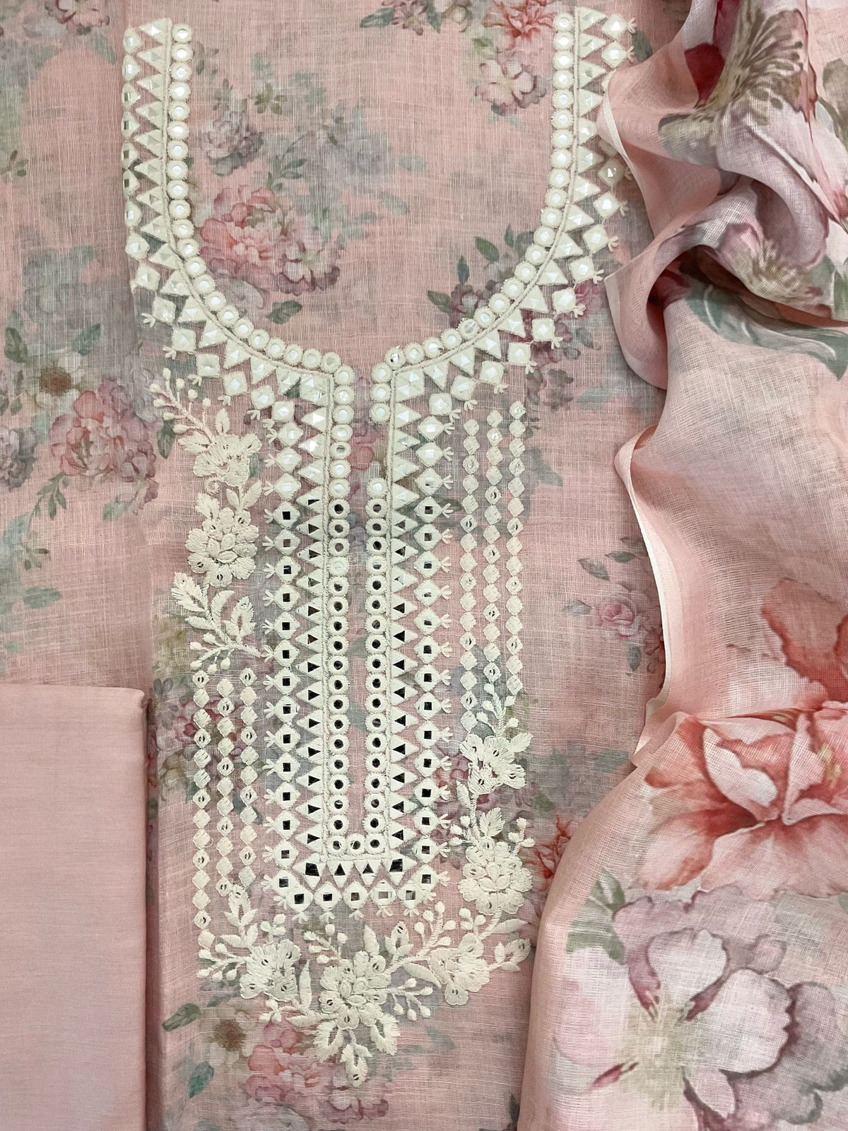 Soft Linen Jute Cotton Printed Embroidered Suit - Peach