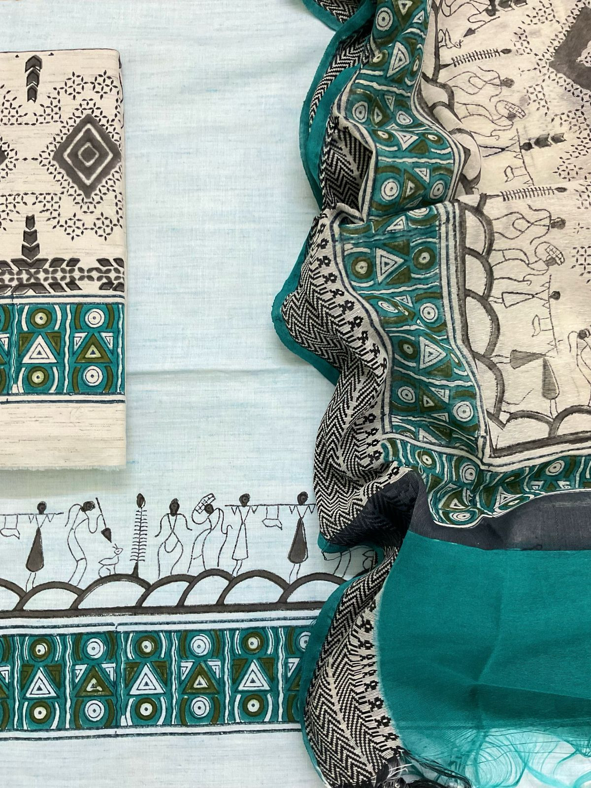 Pure Soft Khadi Cotton Hand Painted Suit - Blue