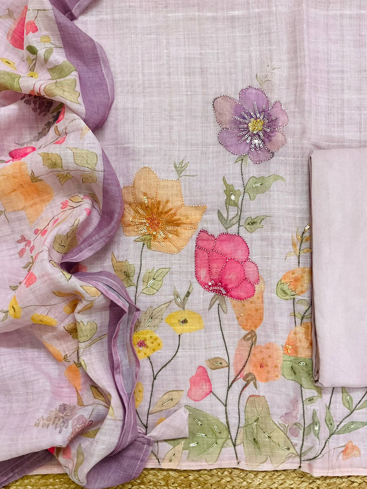 Soft Linen Jute Cotton Printed Embroidered Suit - Lavender