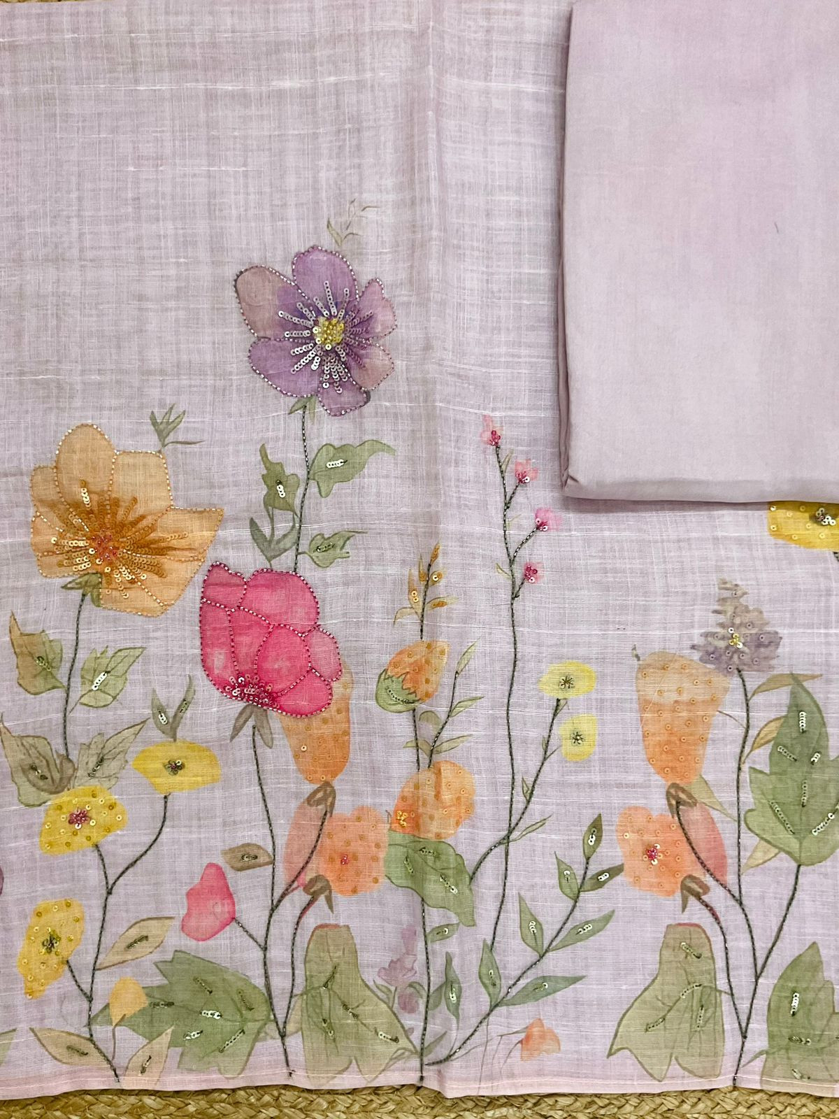 Soft Linen Jute Cotton Printed Embroidered Suit - Lavender