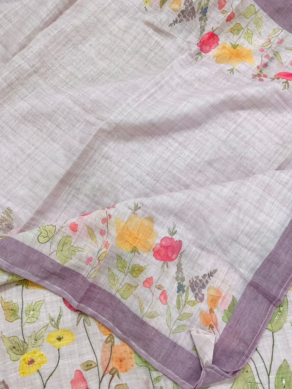 Soft Linen Jute Cotton Printed Embroidered Suit - Lavender