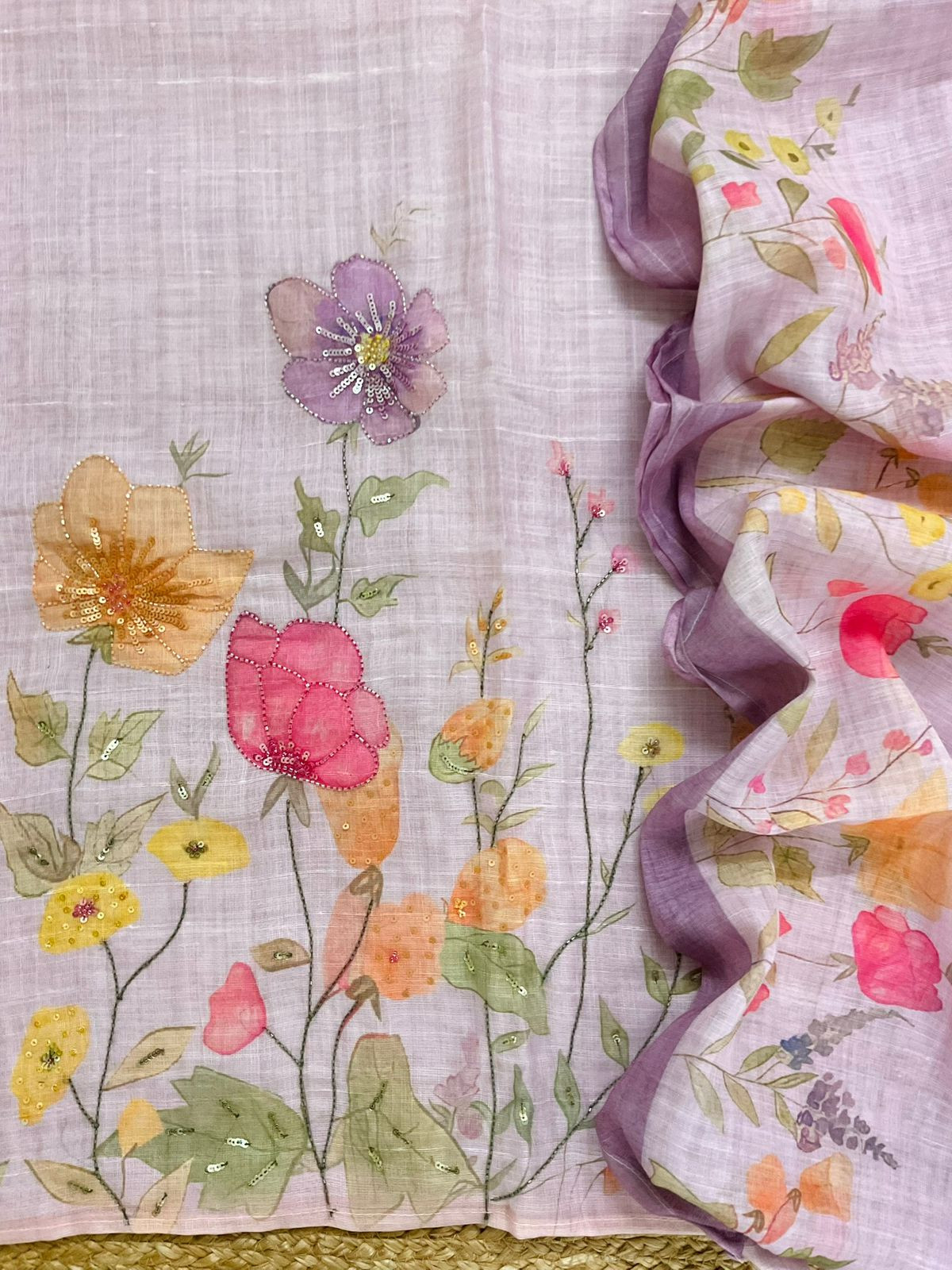 Soft Linen Jute Cotton Printed Embroidered Suit - Lavender