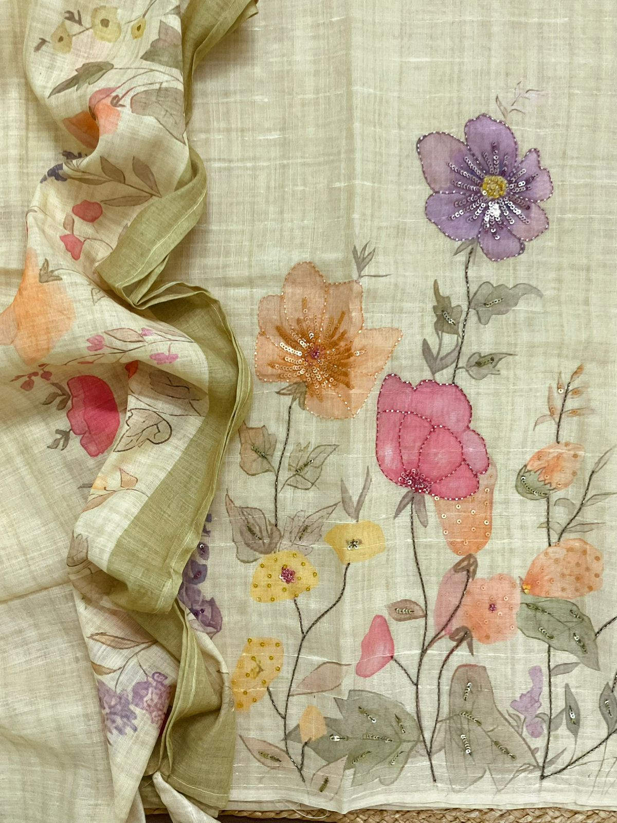 Soft Linen Jute Cotton Printed Embroidered Suit - Greenish Yellow