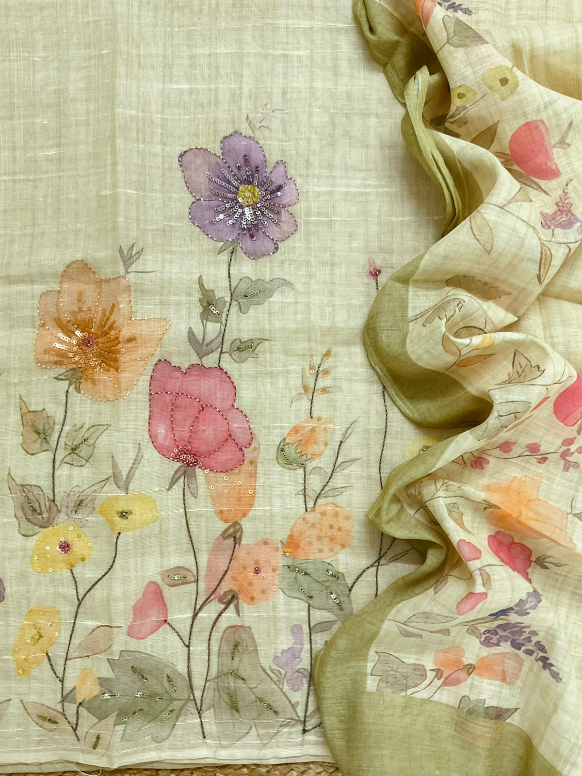 Soft Linen Jute Cotton Printed Embroidered Suit - Greenish Yellow